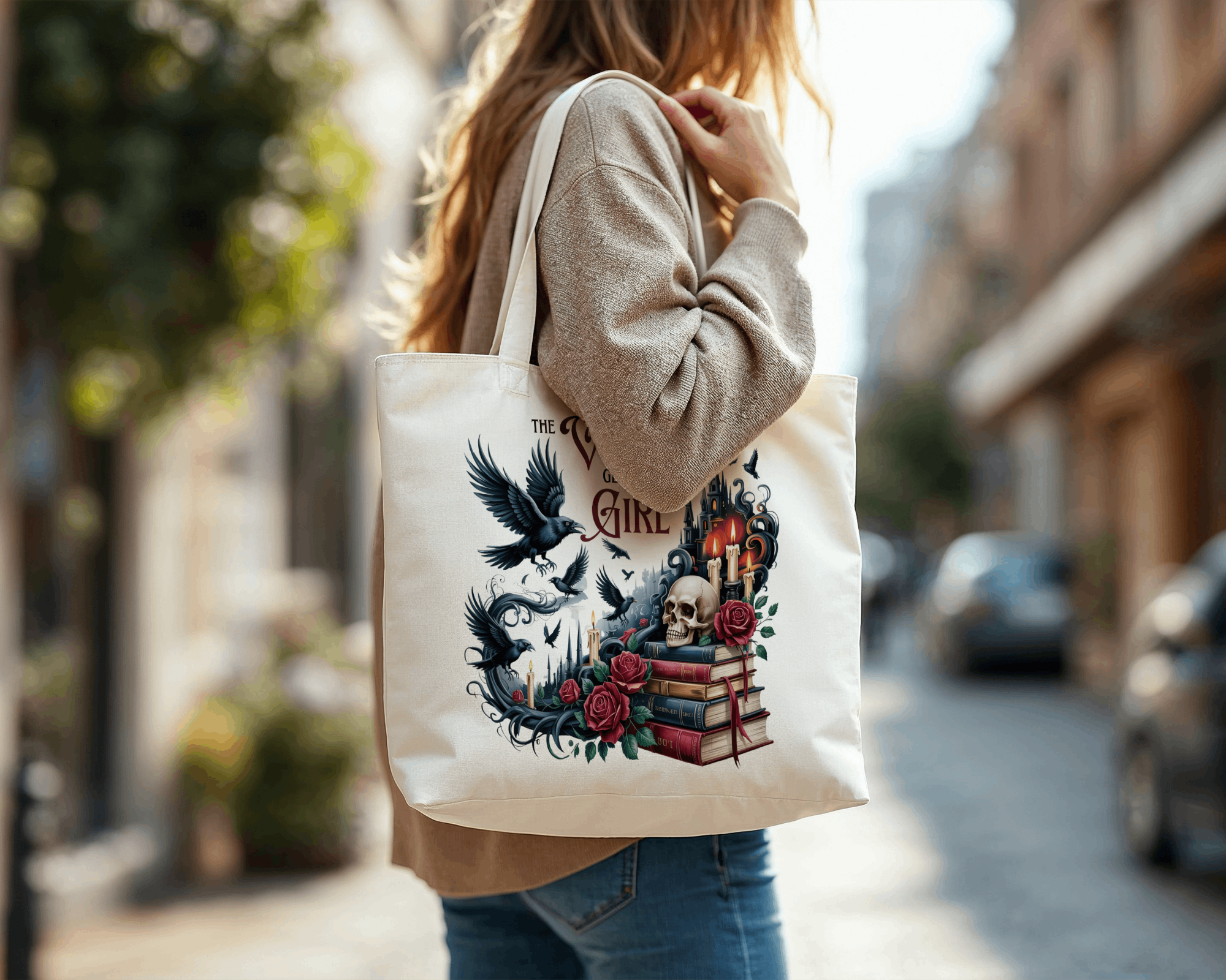 Woman carrying The Villain's Girl dark fantasy canvas tote bag.