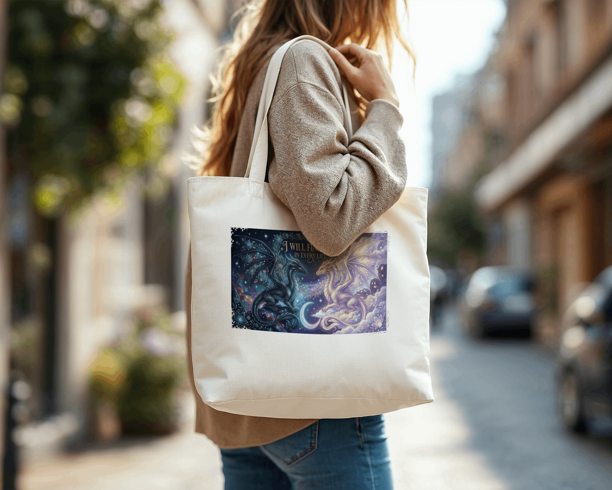 Woman carrying an I Will Find You in Every Life dragon canvas tote bag.