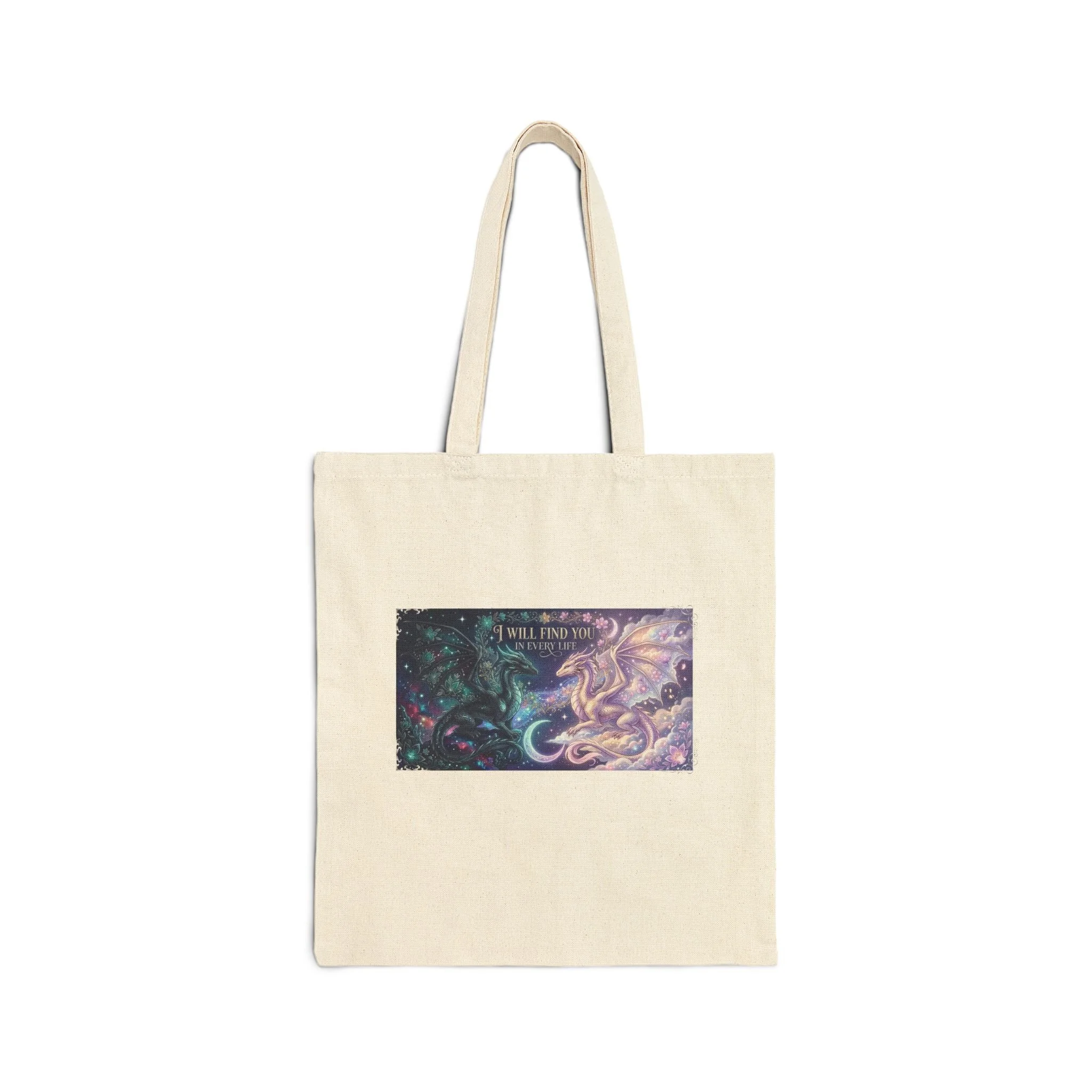 Front view of I Will Find You in Every Life romantic fantasy dragon canvas tote.