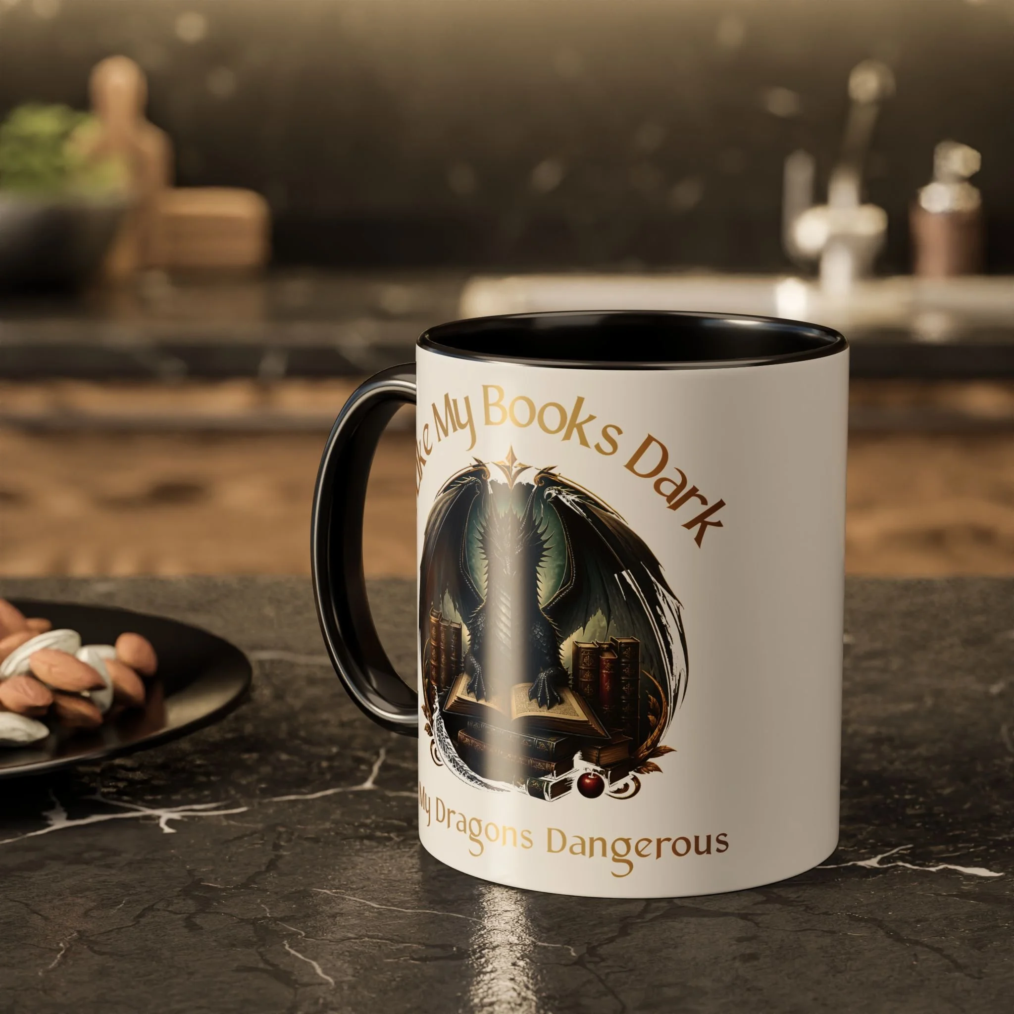 I Like My Books Dark & My Dragons Dangerous Ceramic Mug — Fantasy Reader Coffee Mug