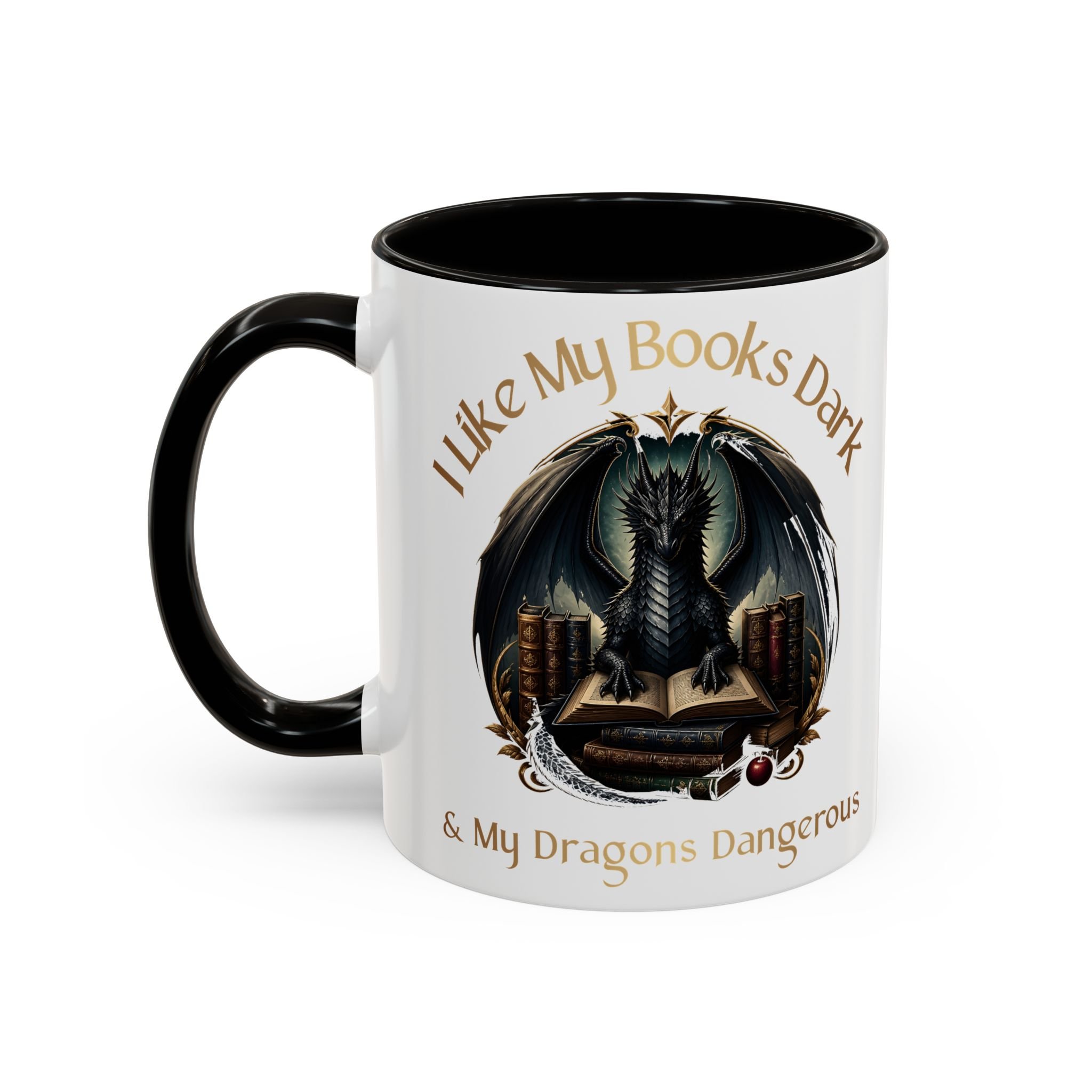 Close-up of black C-shaped handle on fantasy reader mug.
