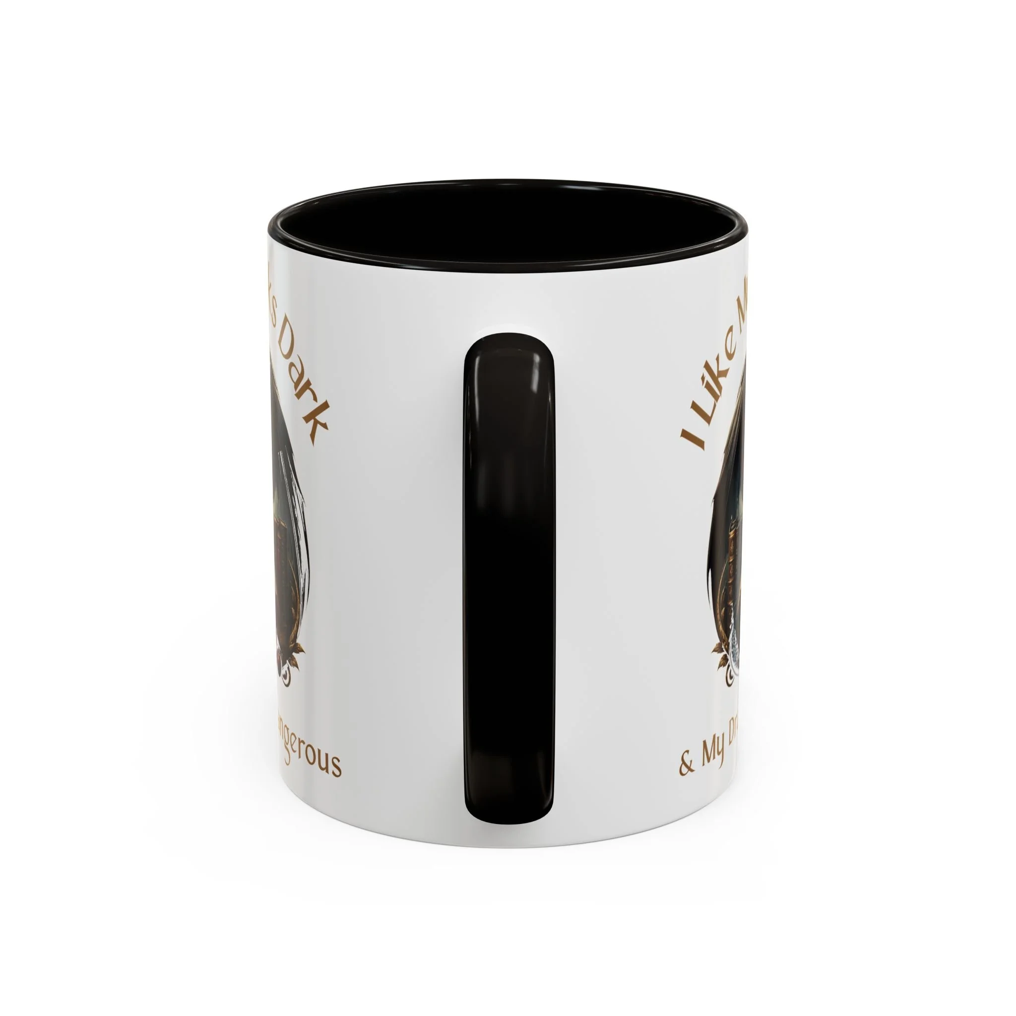 Lifestyle image of 15 oz I Like My Books Dark & My Dragons Dangerous ceramic mug.