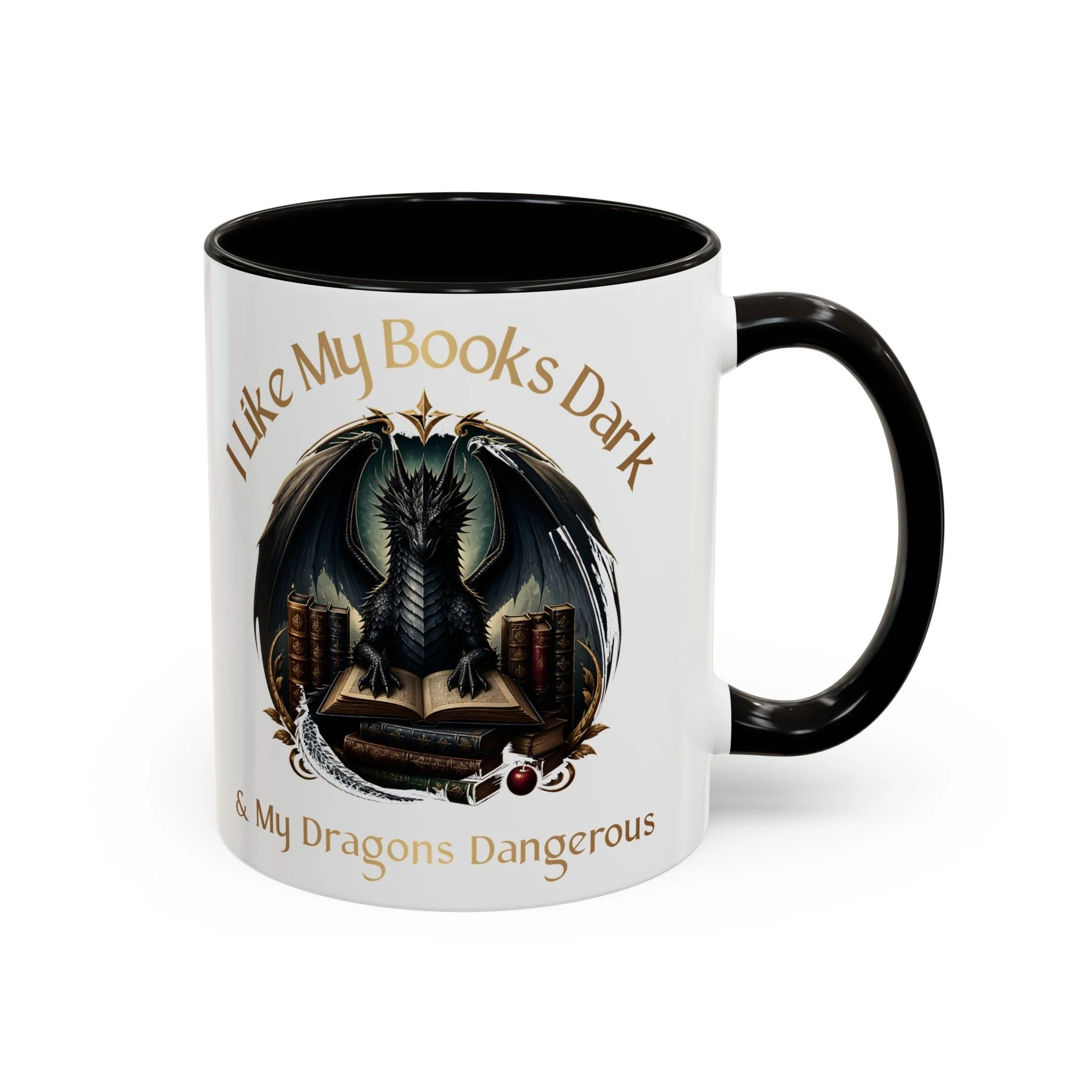 Side view showing wraparound dragon artwork on ceramic mug.