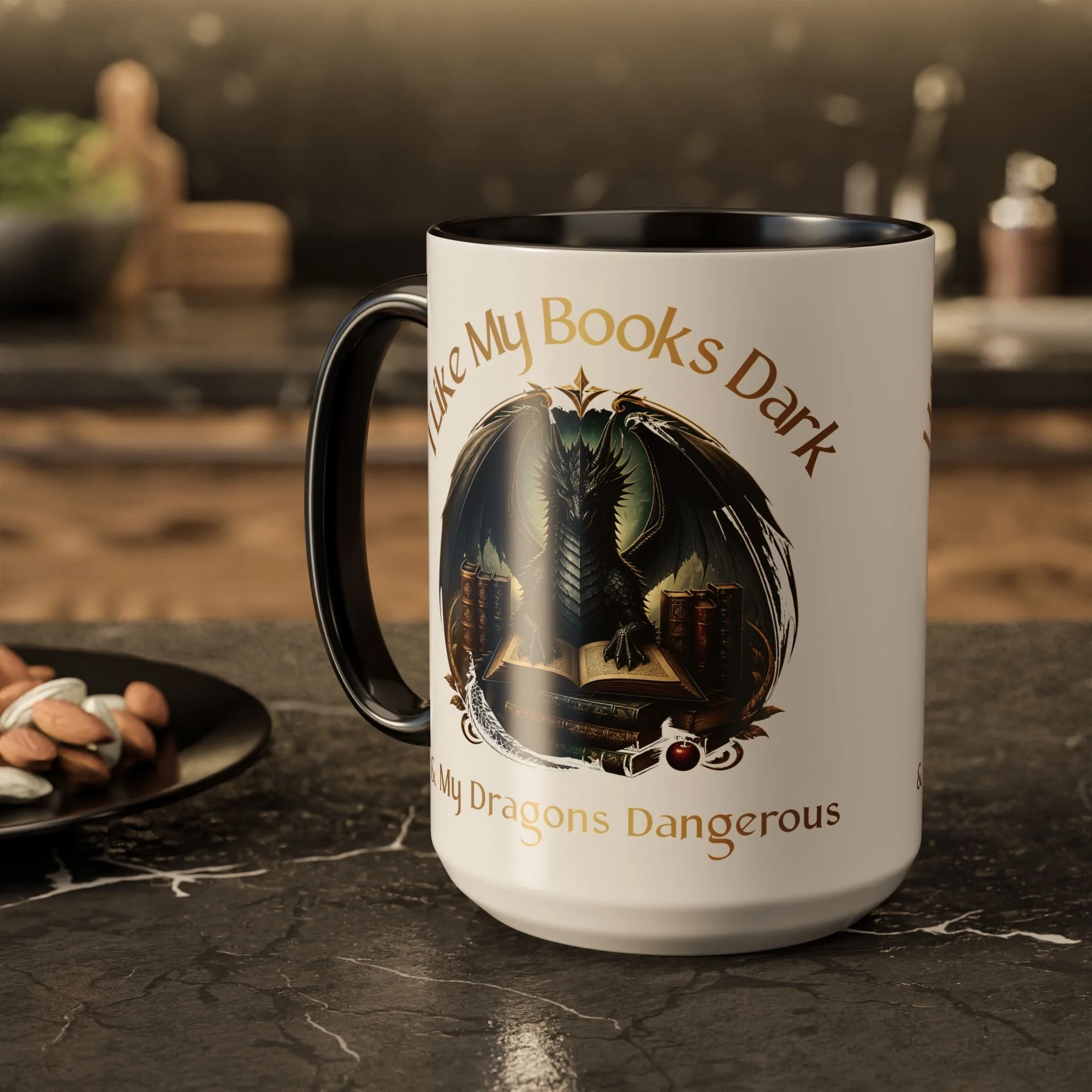 Front view of 15 oz I Like My Books Dark & My Dragons Dangerous fantasy dragon mug.