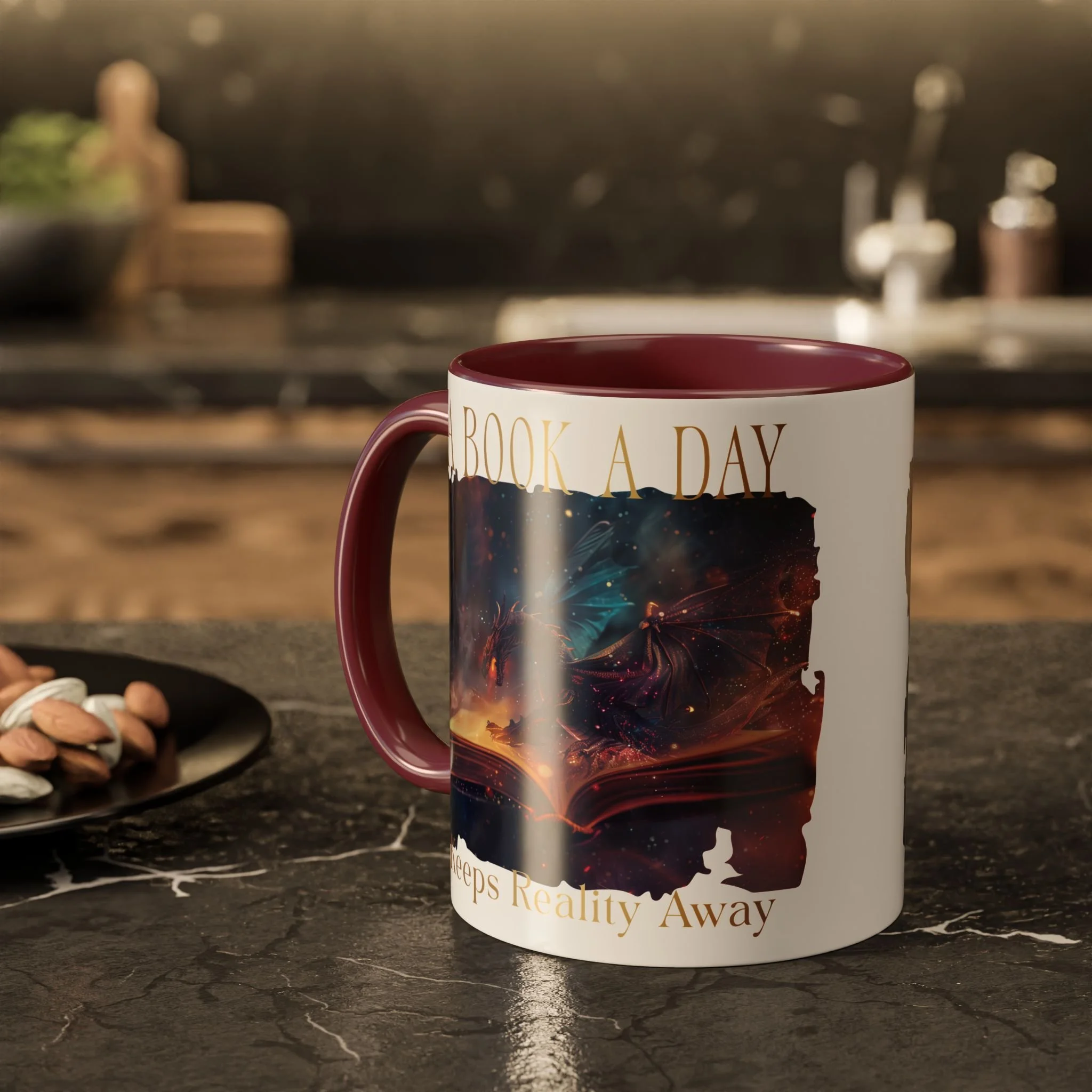 Lifestyle photo of A Book a Day Keeps Reality Away fantasy ceramic mug with burgundy accent handle.
