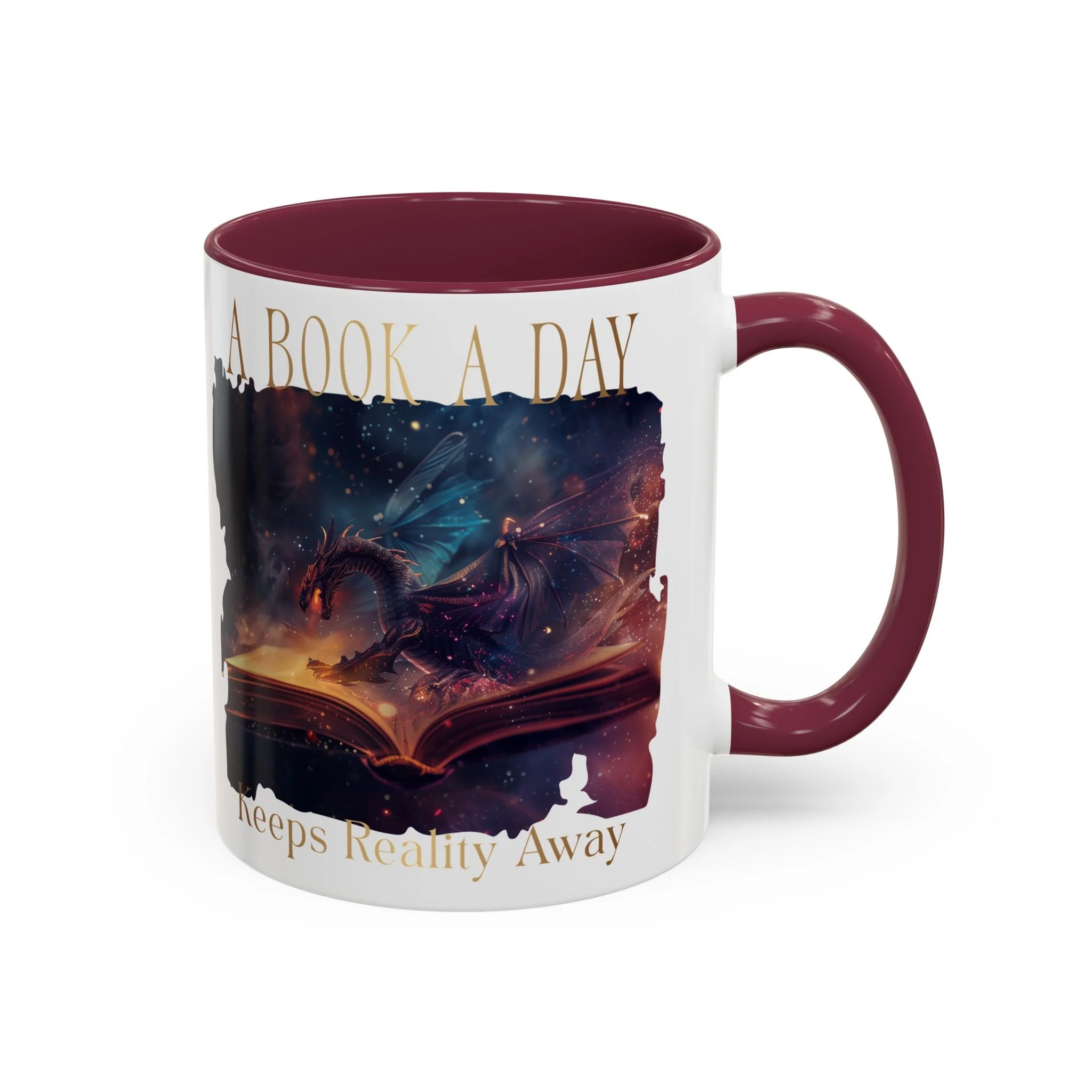 Front view of A Book a Day Keeps Reality Away 11 oz ceramic mug with fantasy book artwork.