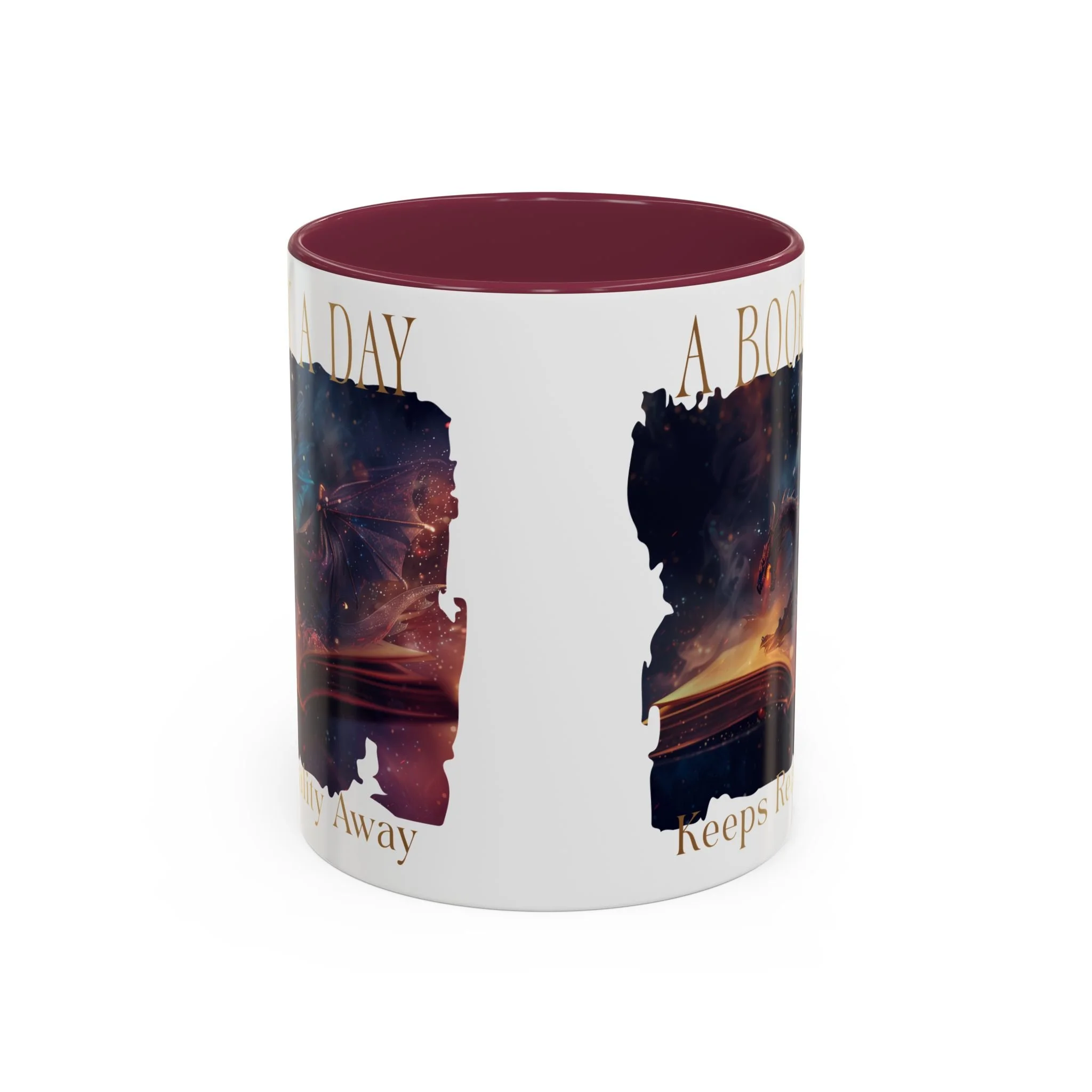 Side view of wraparound fantasy artwork on ceramic accent mug.