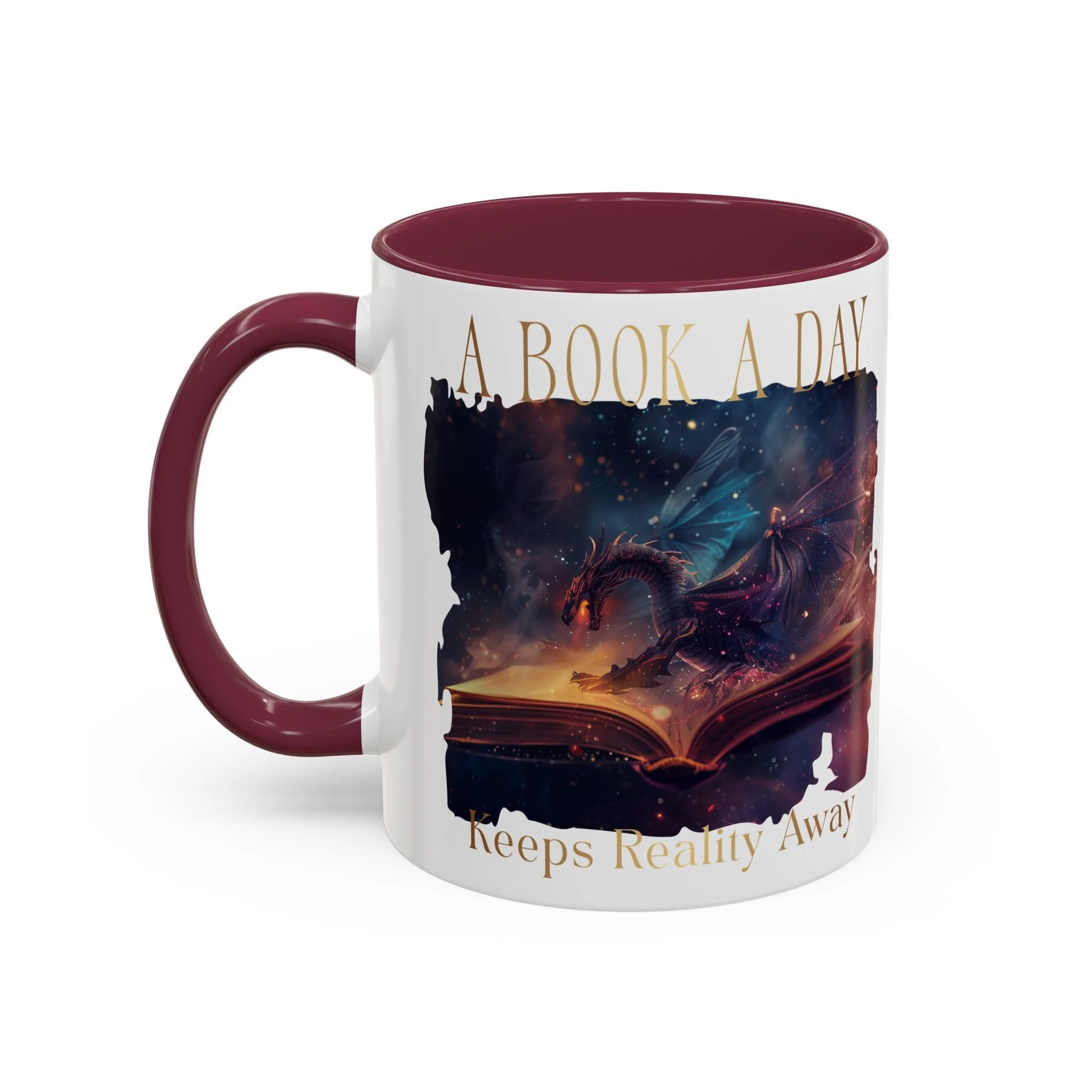 Opposite side view of glossy ceramic mug with burgundy C-shaped handle.