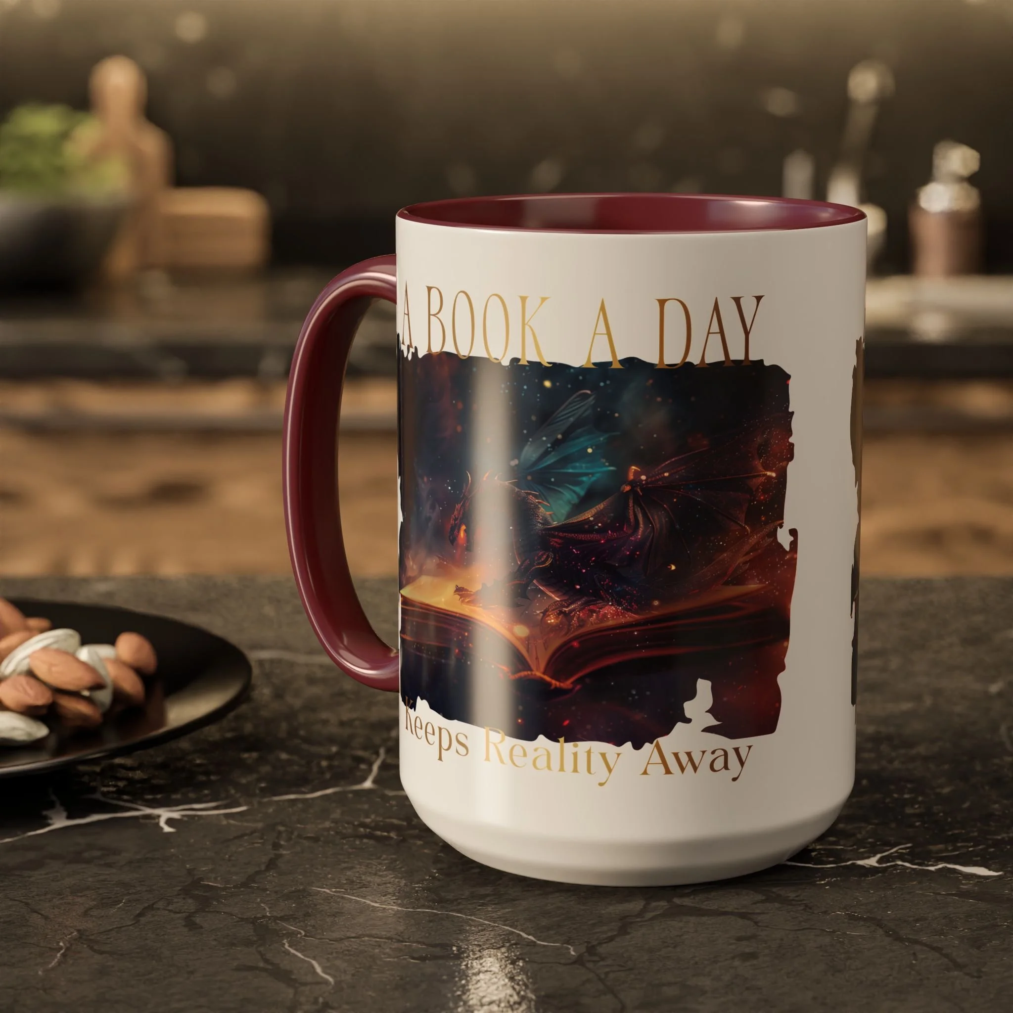 Lifestyle photo of A Book a Day Keeps Reality Away 15 oz ceramic mug with fantasy artwork.