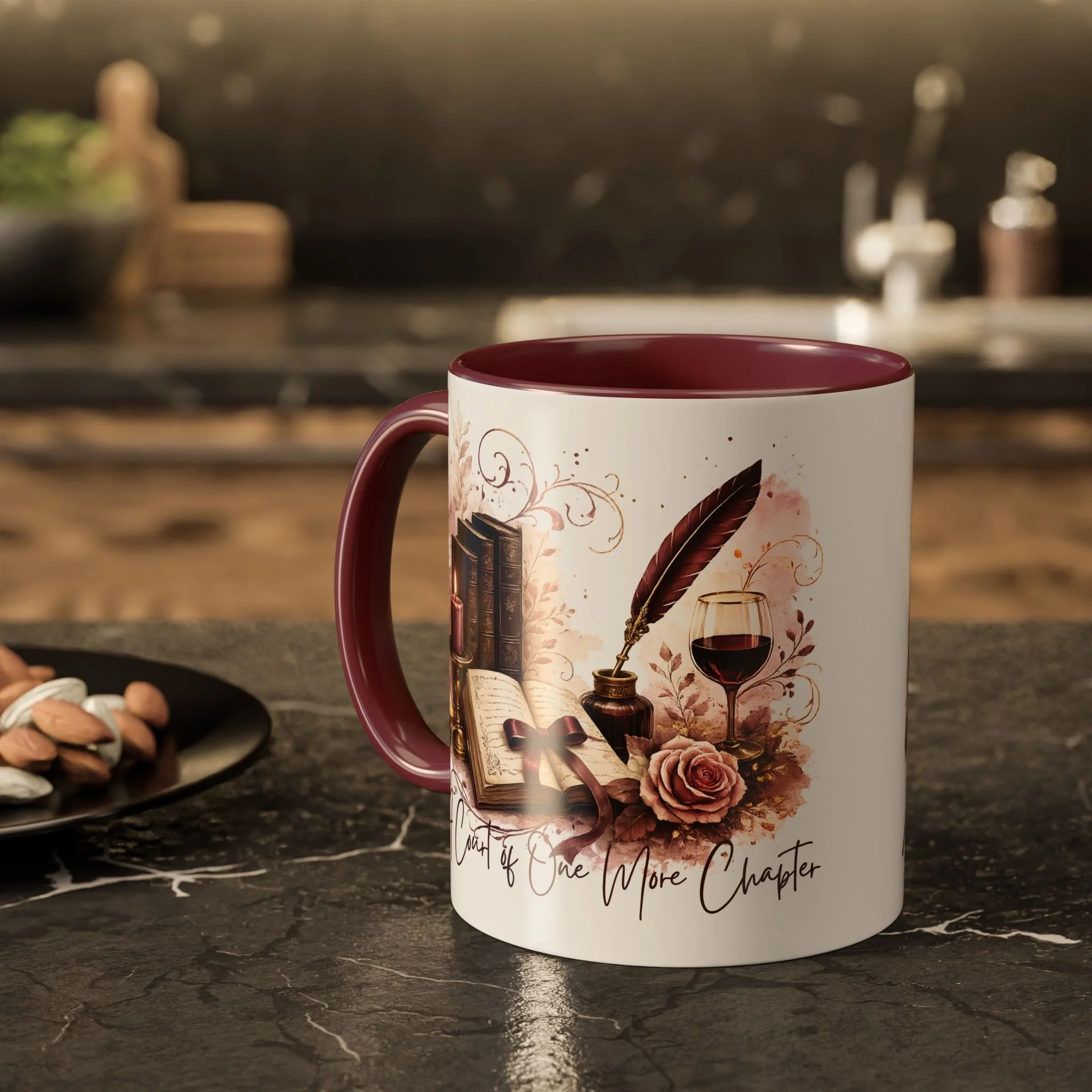 Lifestyle photo of A Court of Wine & Chapters ceramic mug with burgundy accent handle on a kitchen countertop.