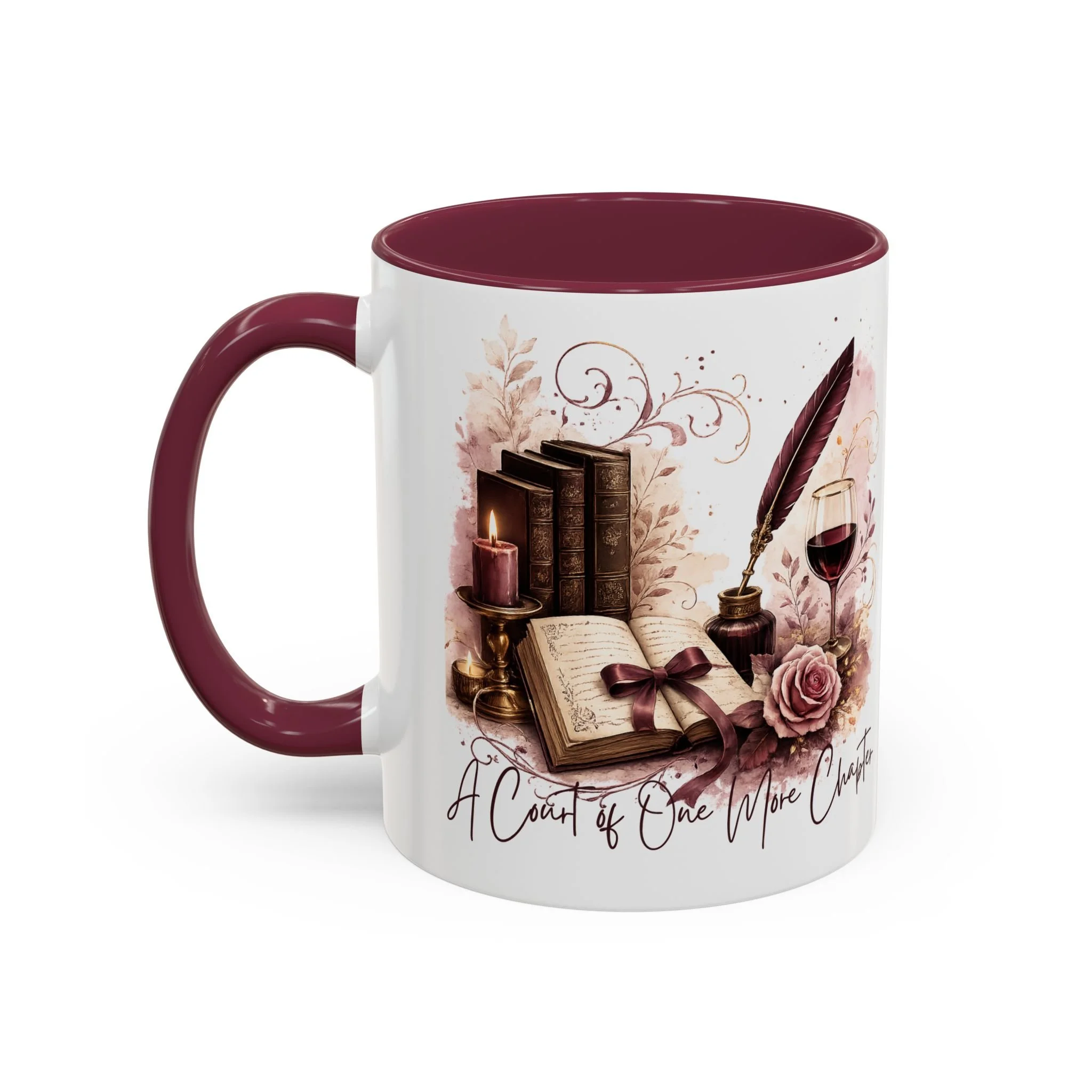 Front view of A Court of Wine & Chapters 11 oz ceramic mug with books, quill, wine, and floral artwork.