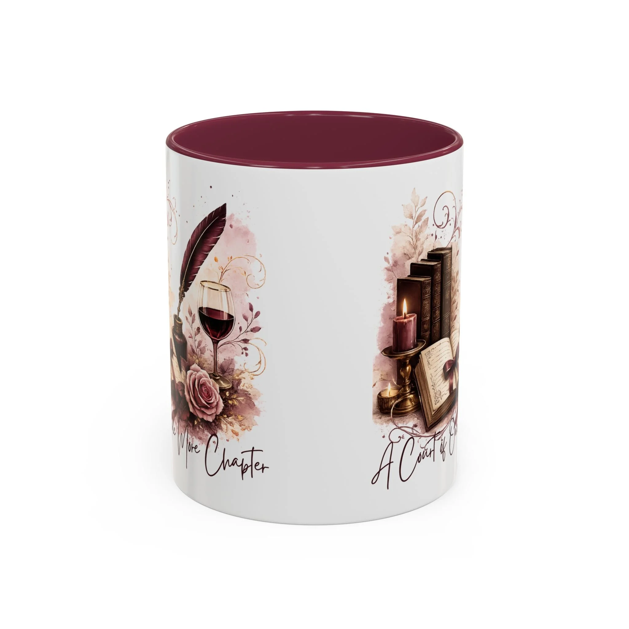 Side view of wraparound artwork on A Court of Wine & Chapters ceramic mug.