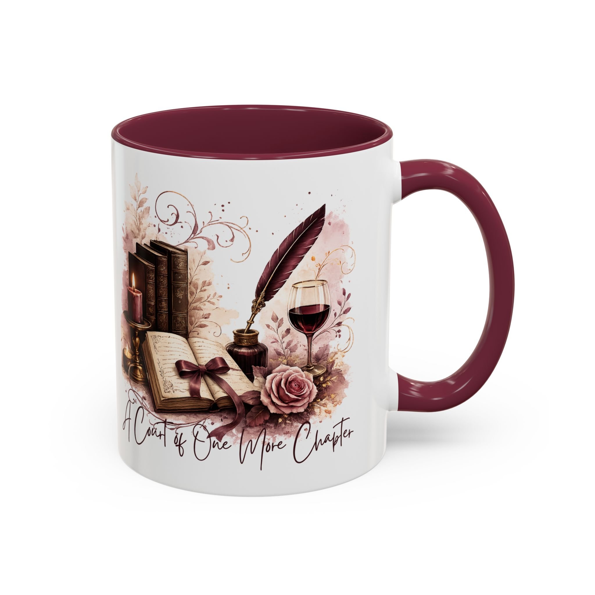 Opposite side view of glossy ceramic mug with burgundy C-shaped handle.