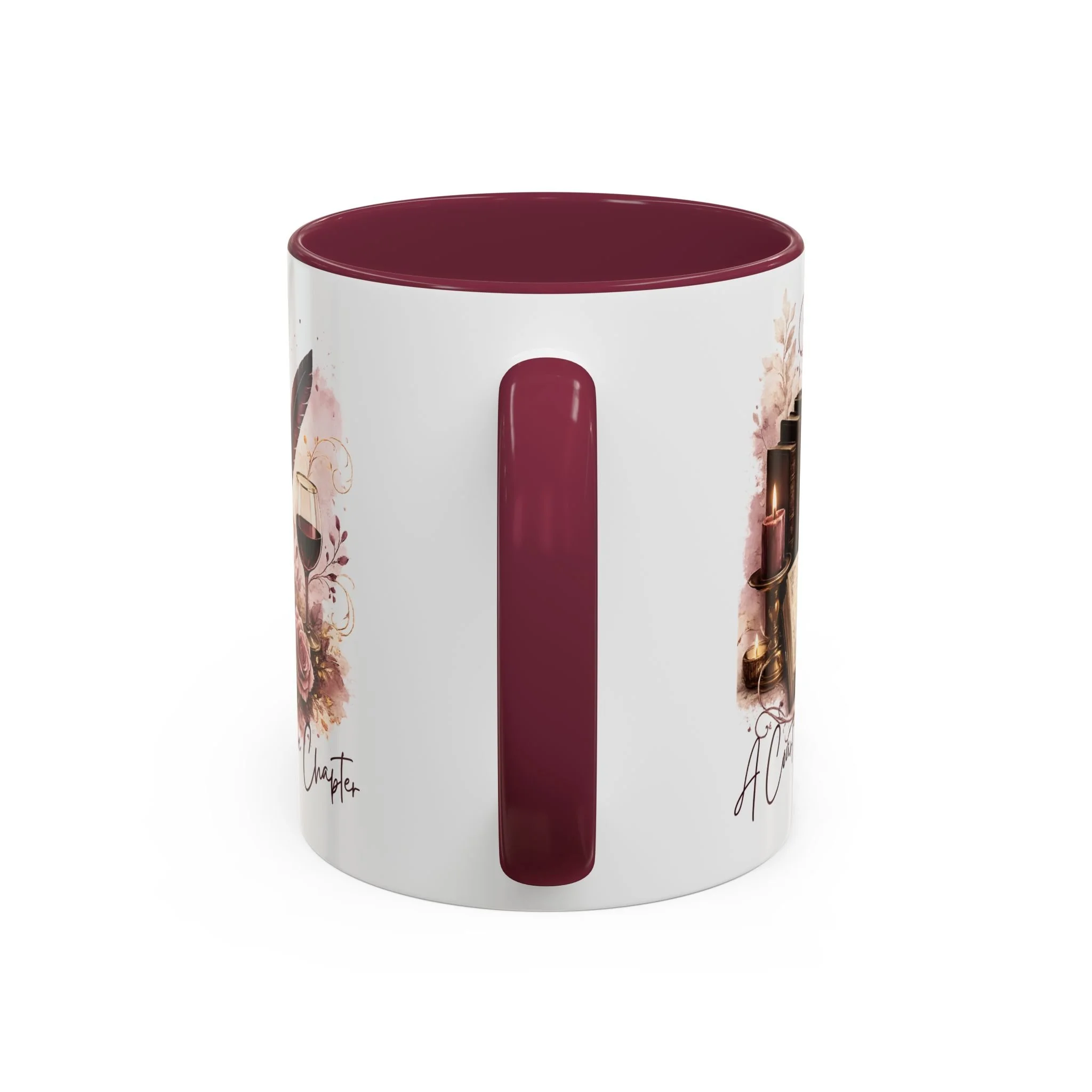 Close-up of burgundy C-shaped handle on A Court of Wine & Chapters ceramic mug.