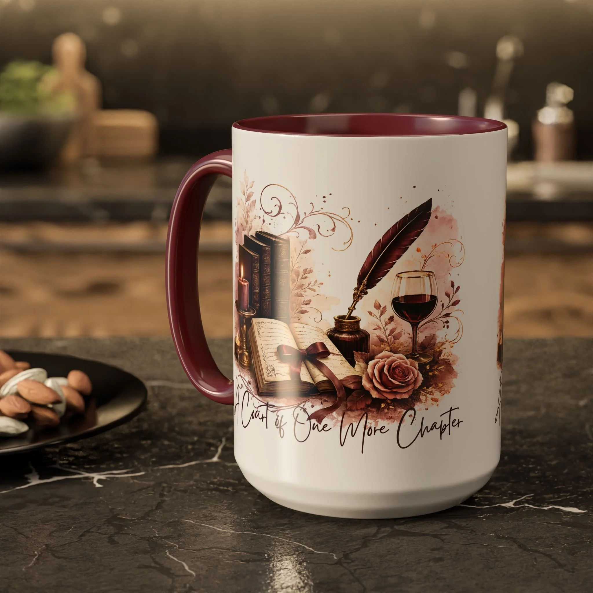 Lifestyle photo of A Court of Wine & Chapters 15 oz ceramic mug with wraparound artwork.