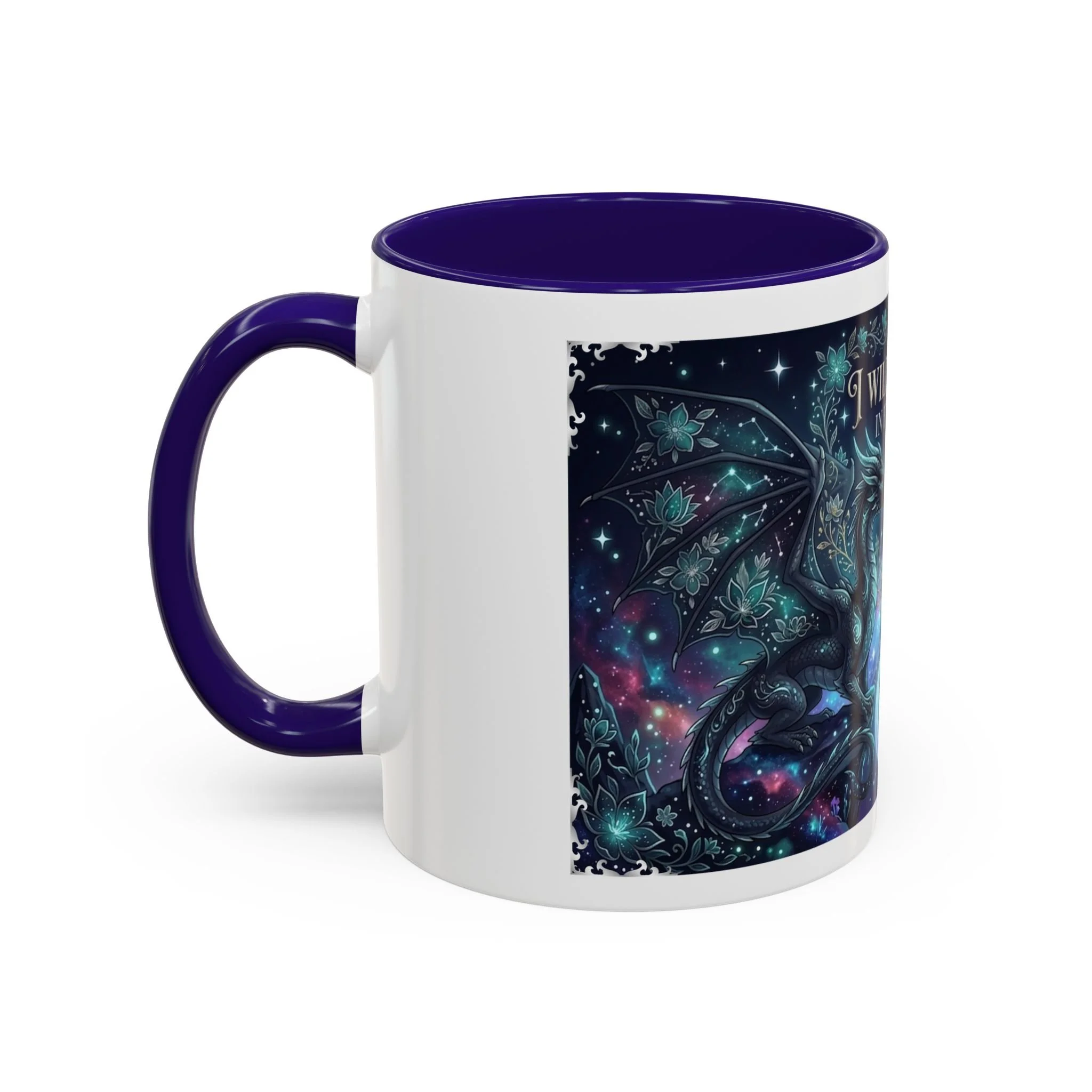 Front view of I Will Find You in Every Life 11 oz ceramic mug featuring celestial dragon artwork.