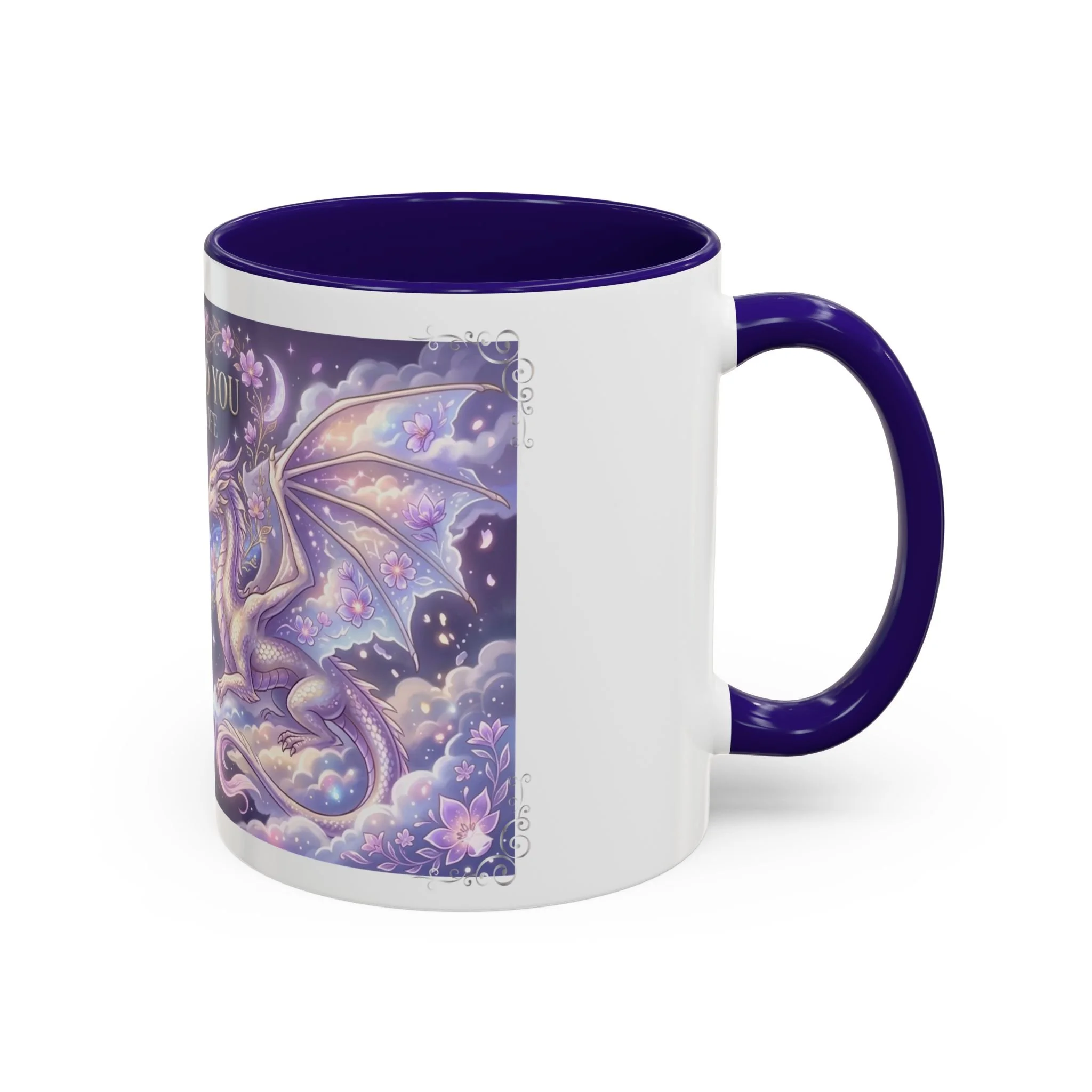 Side view of glossy ceramic mug featuring pastel dragon artwork and purple C-shaped handle.