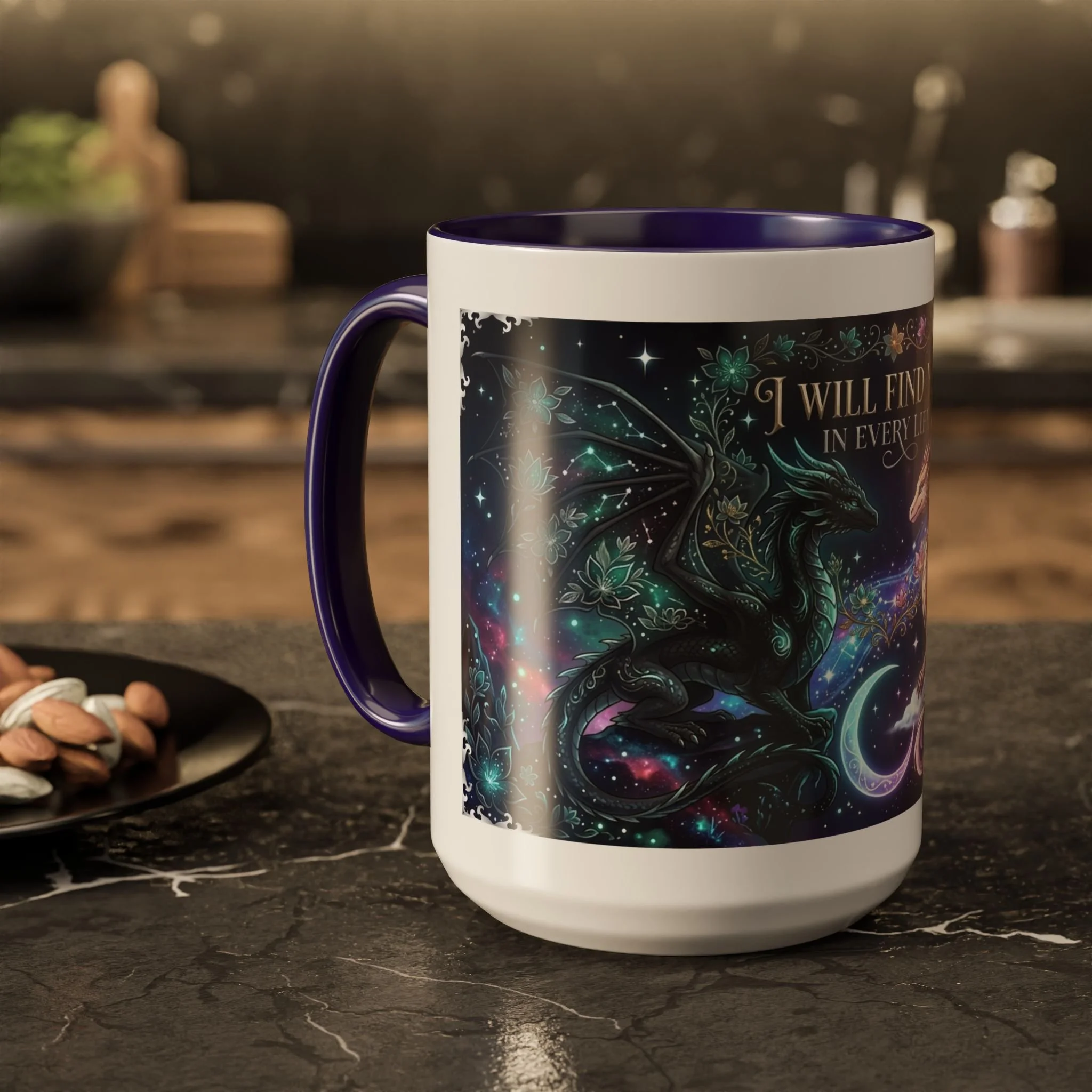 Lifestyle photo of I Will Find You in Every Life 15 oz ceramic mug with wraparound celestial dragon artwork.