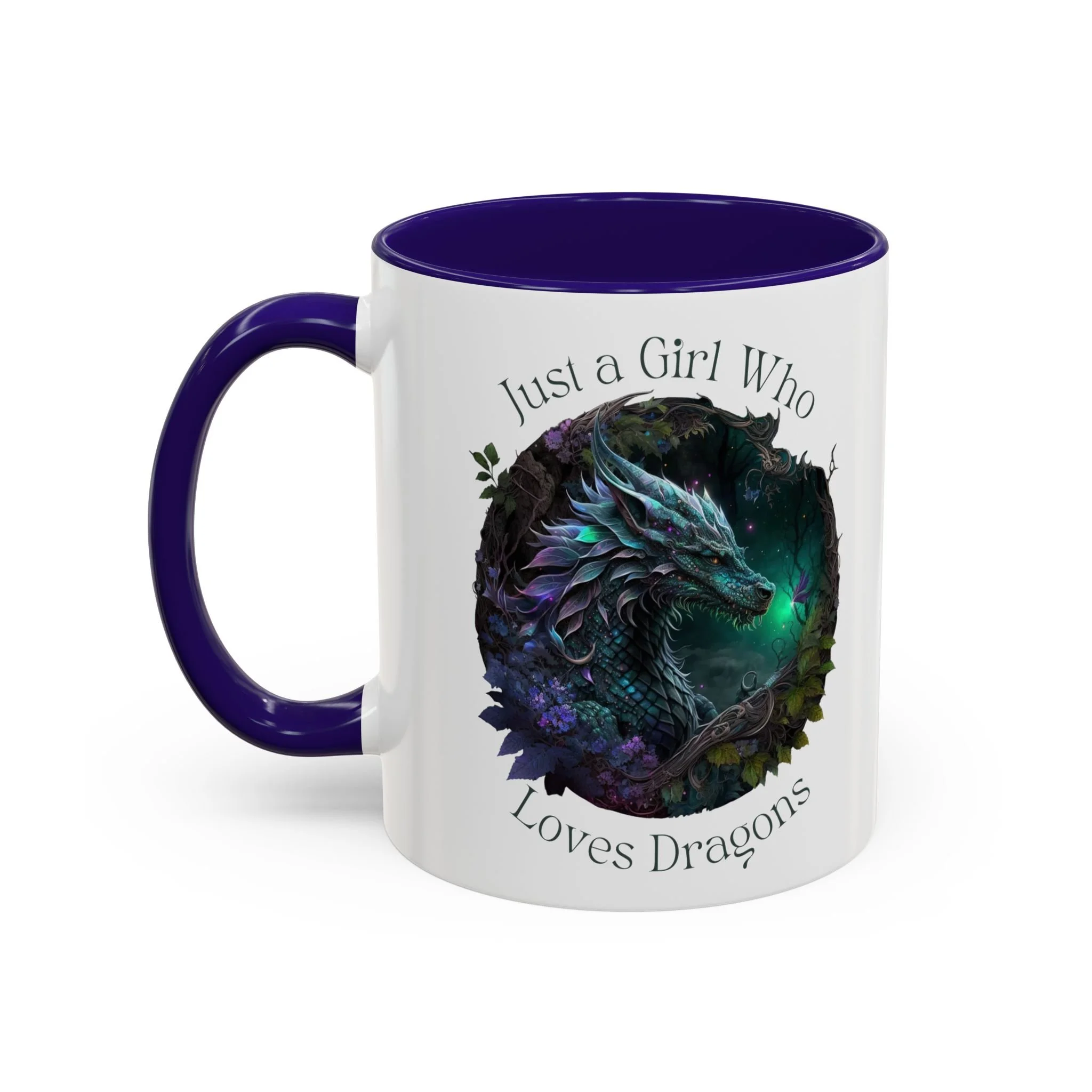 Front view of Just a Girl Who Loves Dragons 11 oz ceramic mug featuring colorful dragon artwork.