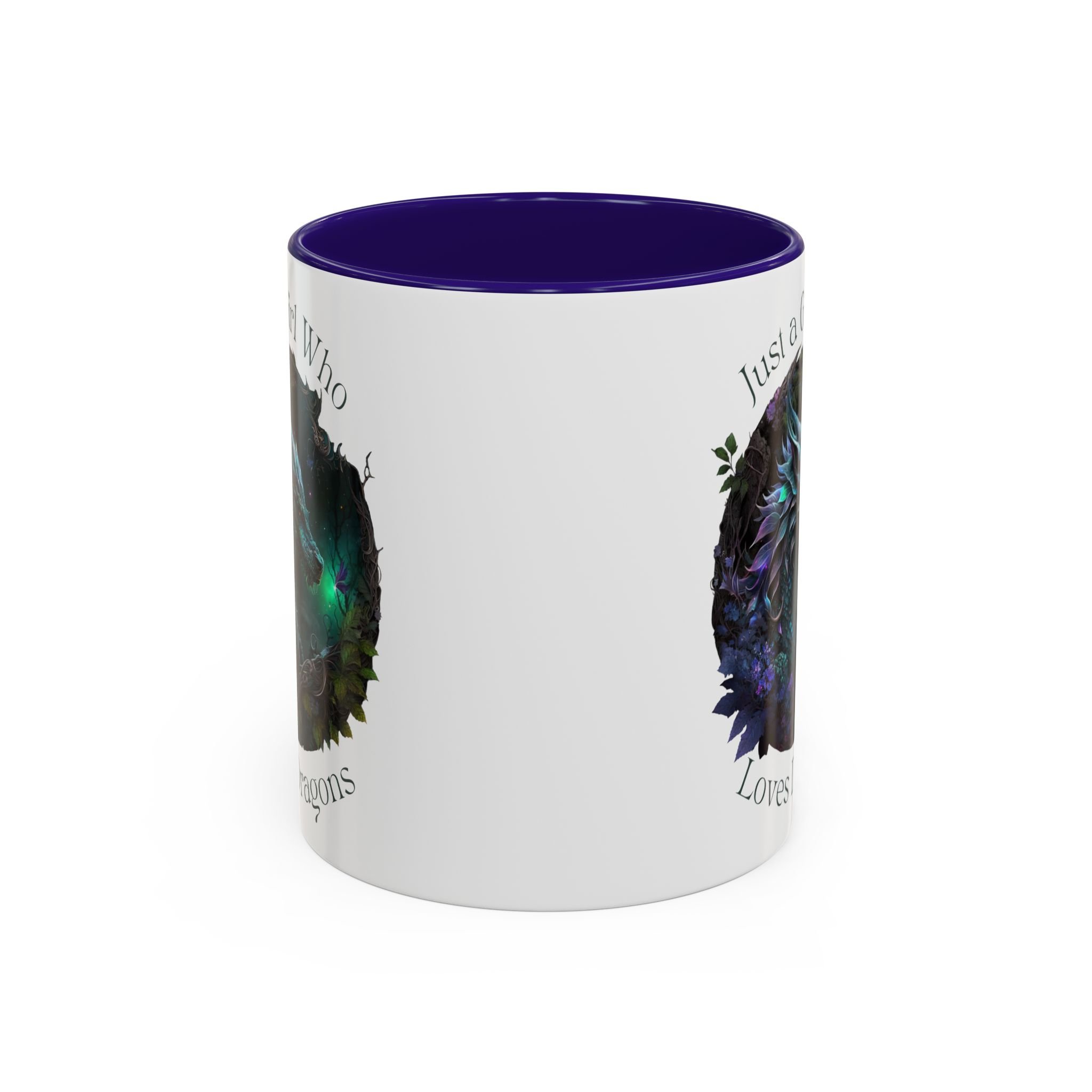 Side view of Just a Girl Who Loves Dragons wraparound ceramic mug.