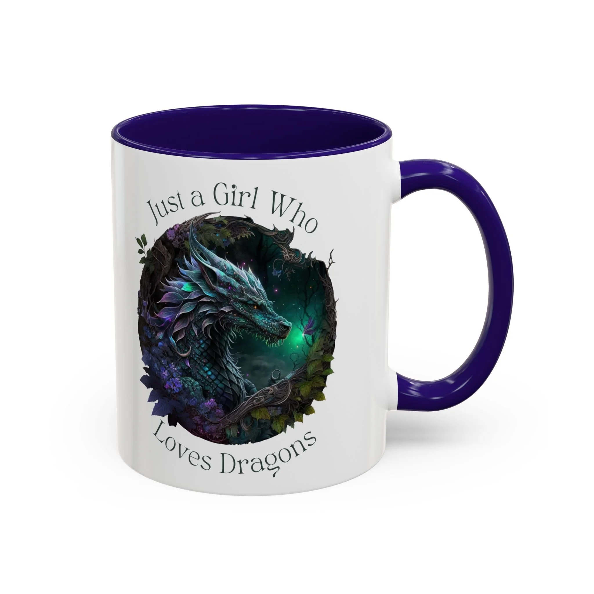 Opposite side view of glossy ceramic mug with purple C-shaped handle.