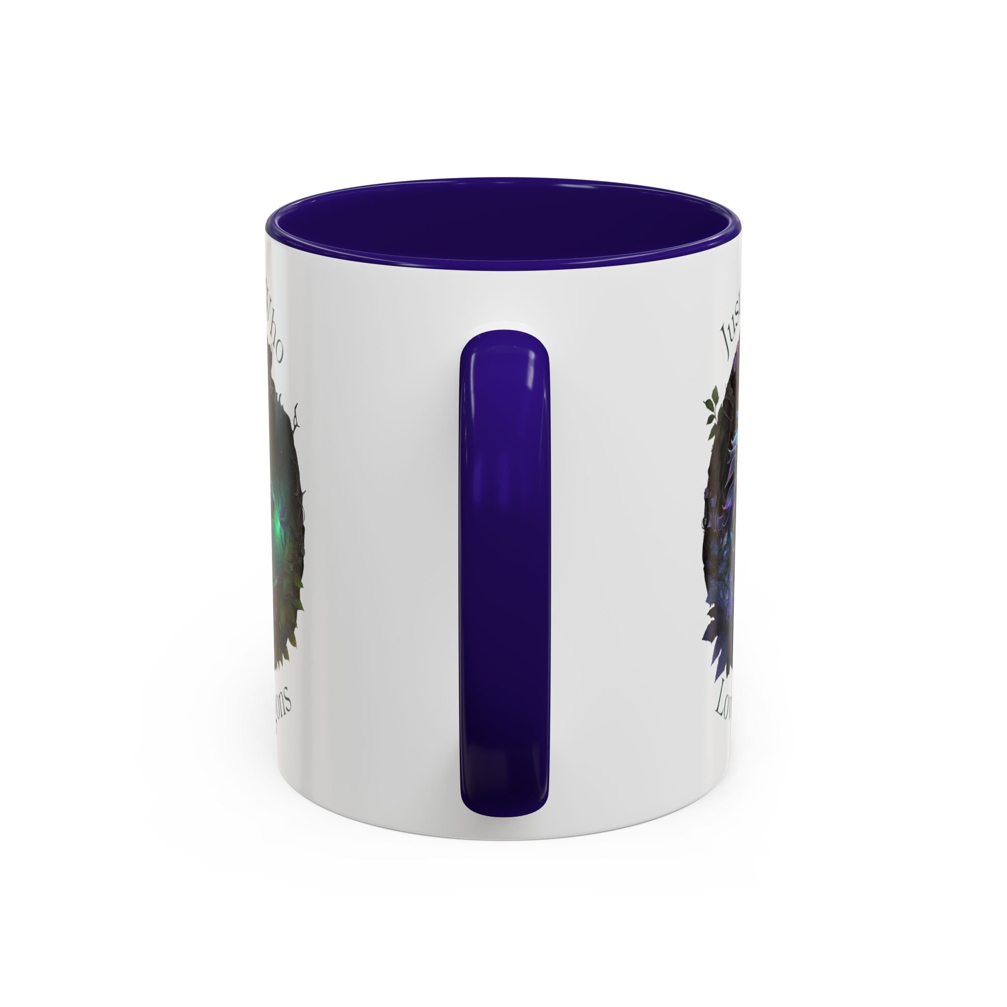 Close-up of purple C-shaped handle on fantasy dragon ceramic mug.
