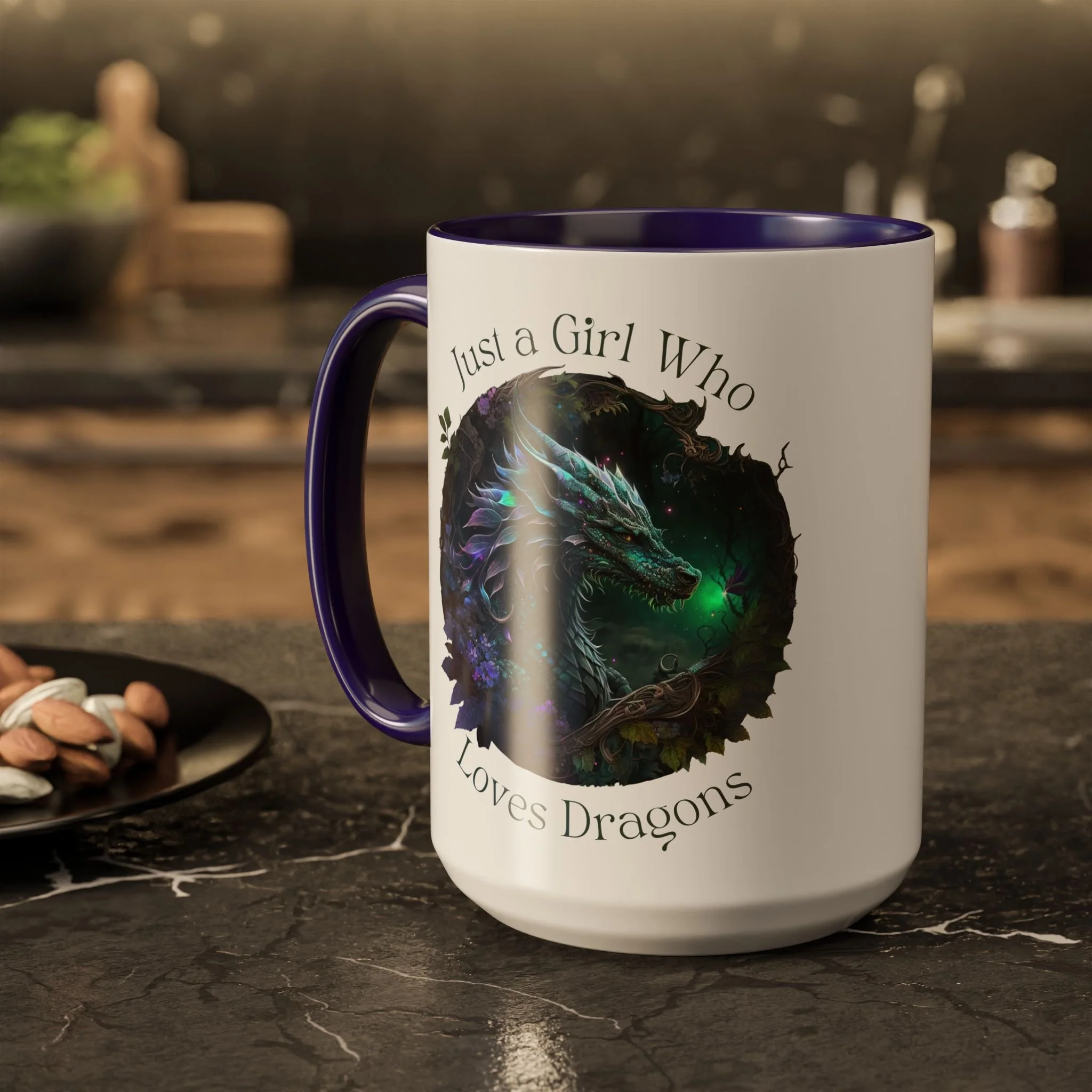 Lifestyle photo of Just a Girl Who Loves Dragons 15 oz ceramic mug with dragon artwork.