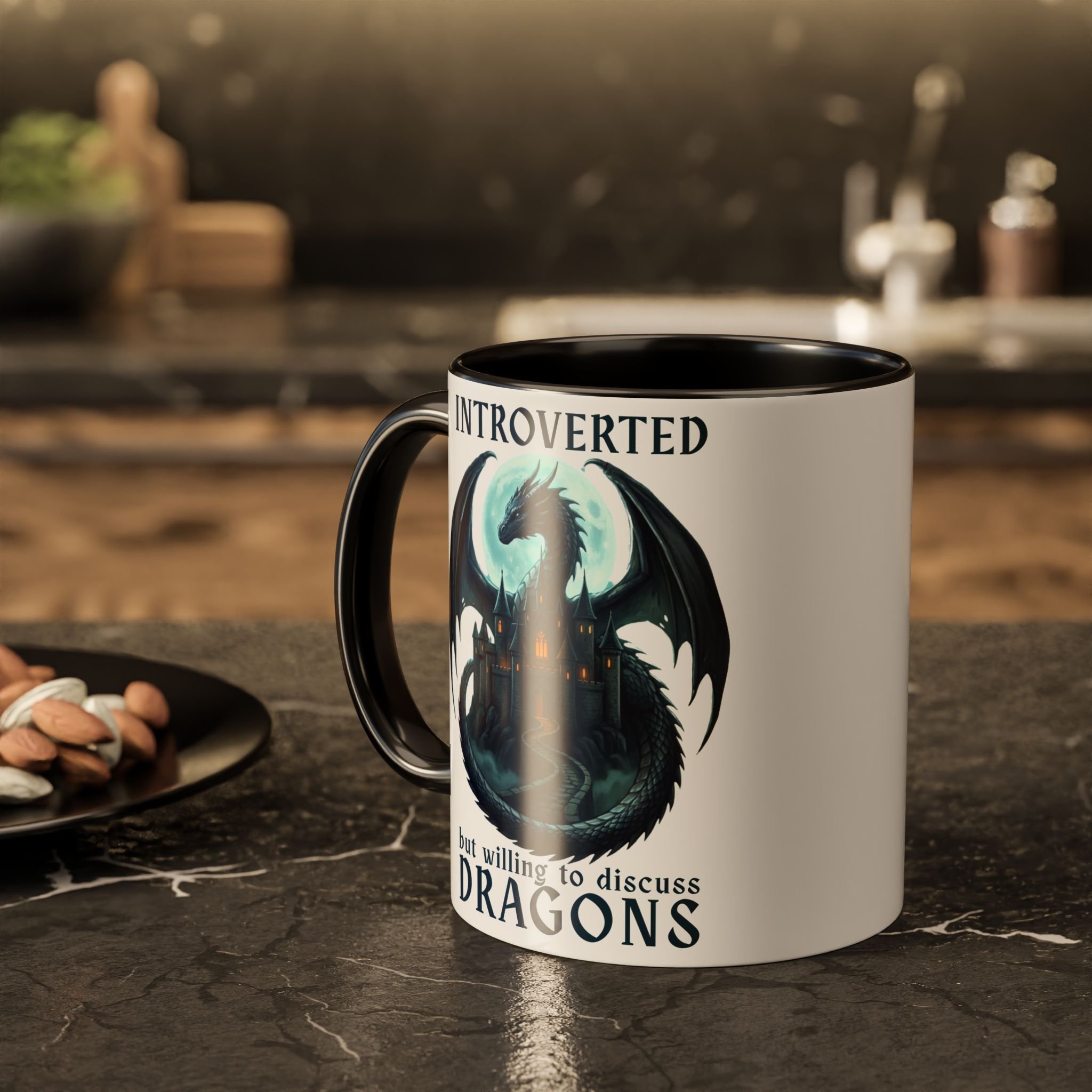 Lifestyle photo of Introverted... But Willing to Discuss Dragons ceramic mug with black accent handle.
