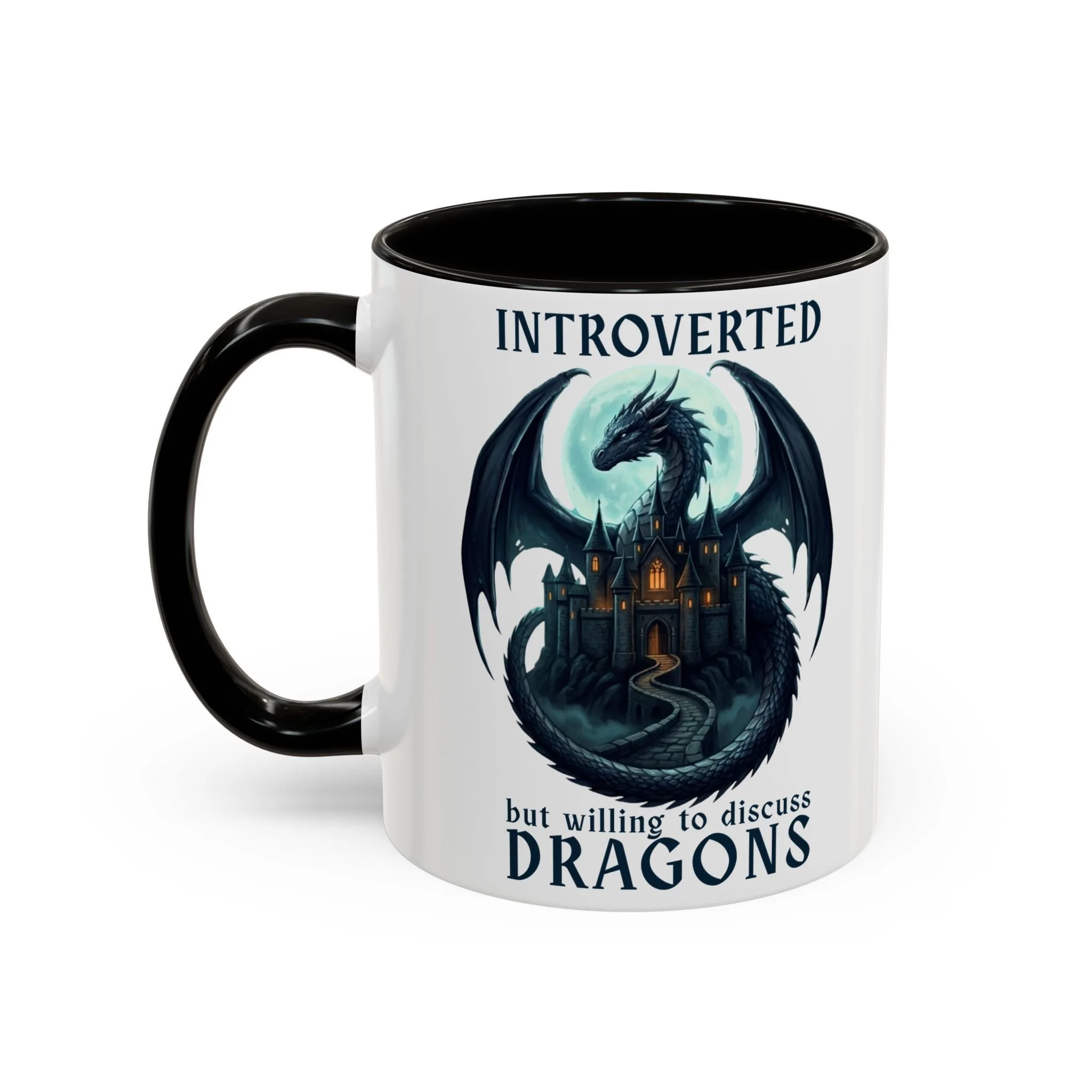 Front view of Introverted... But Willing to Discuss Dragons 11 oz fantasy dragon ceramic mug.