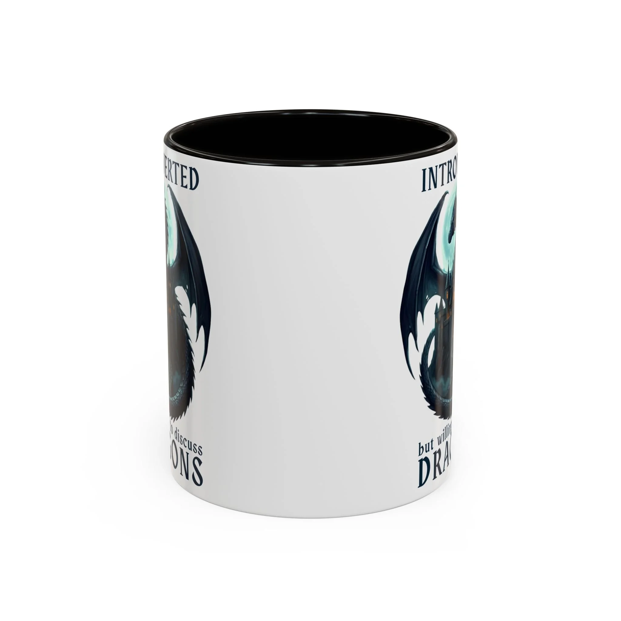 Side view of wraparound dragon artwork on glossy ceramic mug.