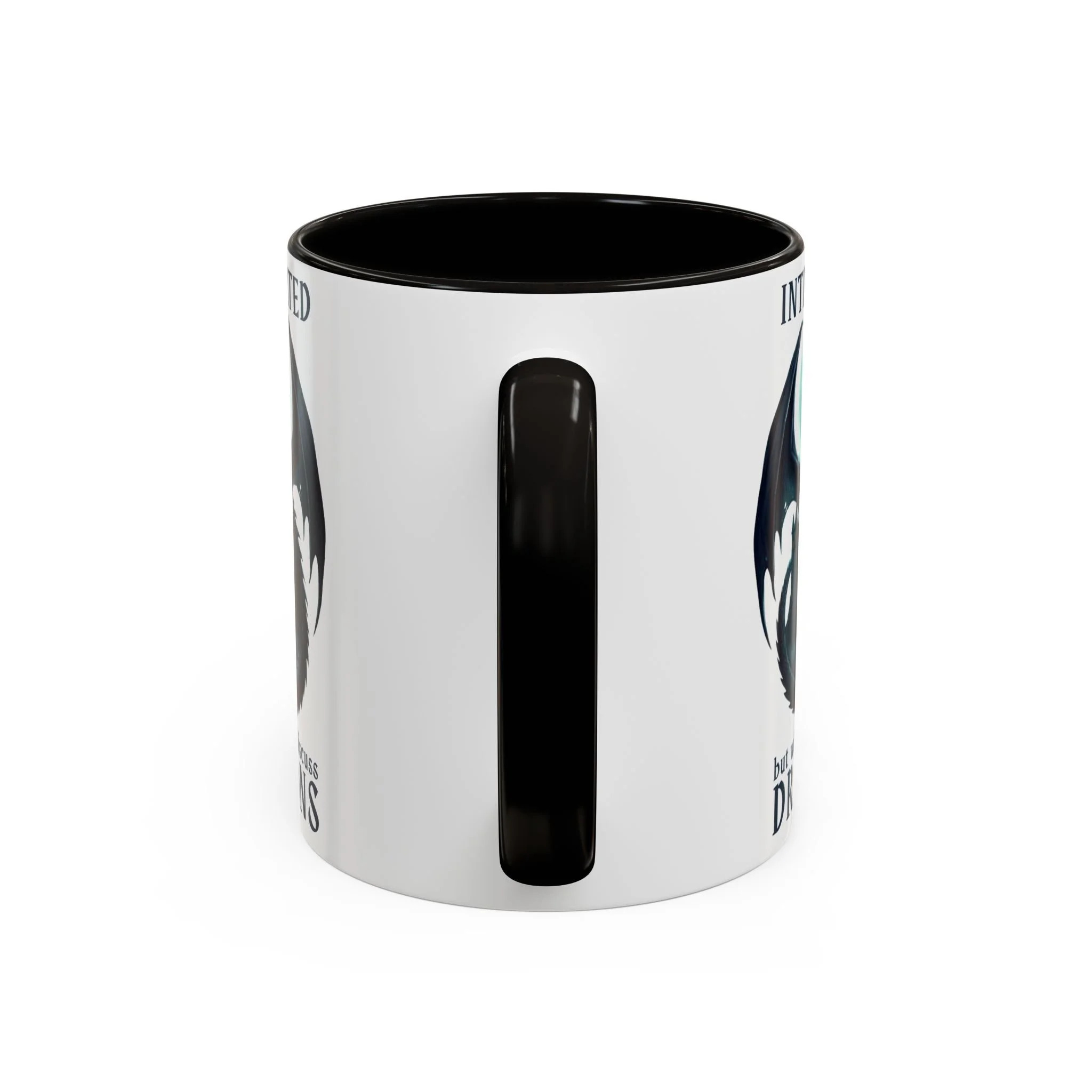 Close-up of black C-shaped handle on fantasy dragon mug.