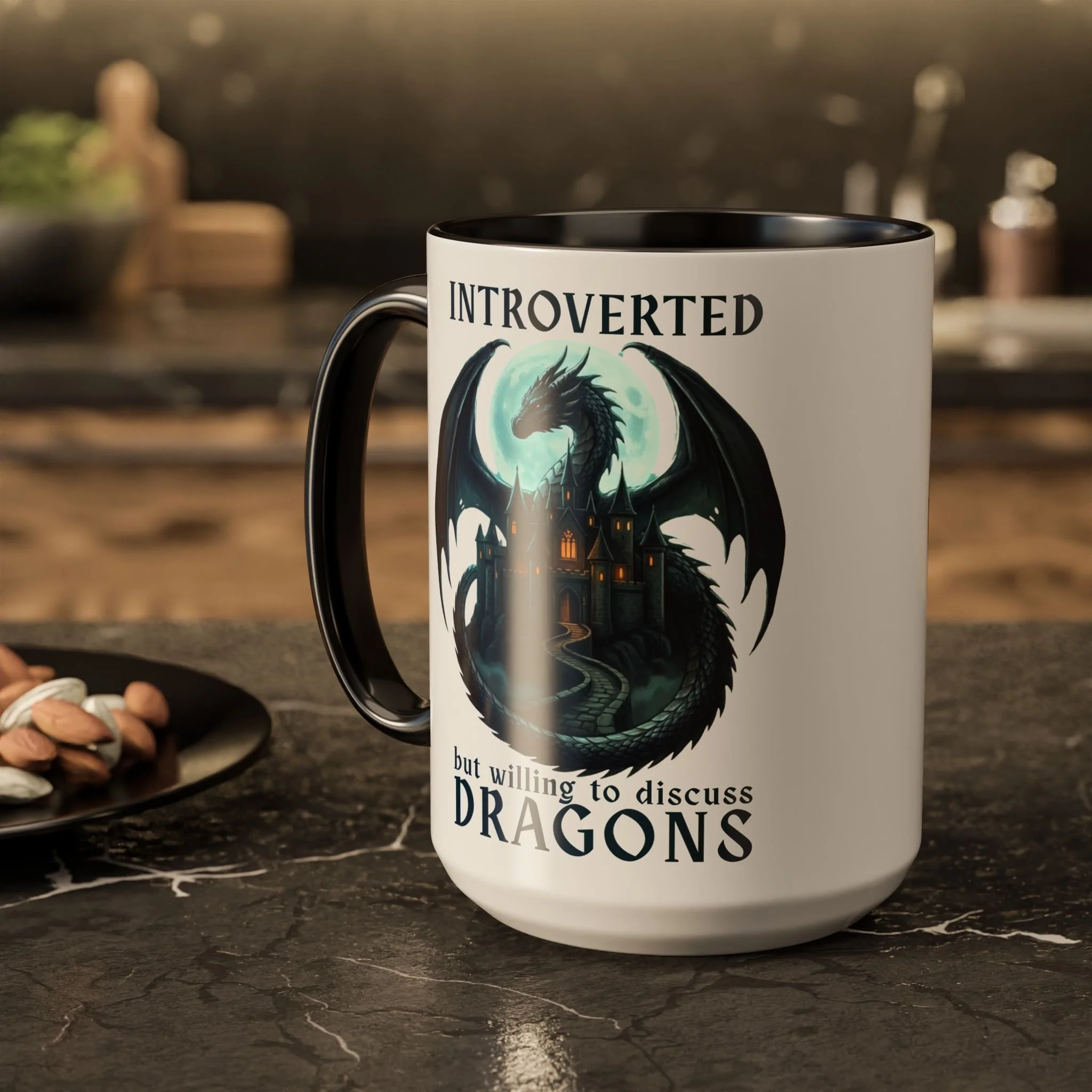 Lifestyle photo of Introverted... But Willing to Discuss Dragons 15 oz ceramic mug.
