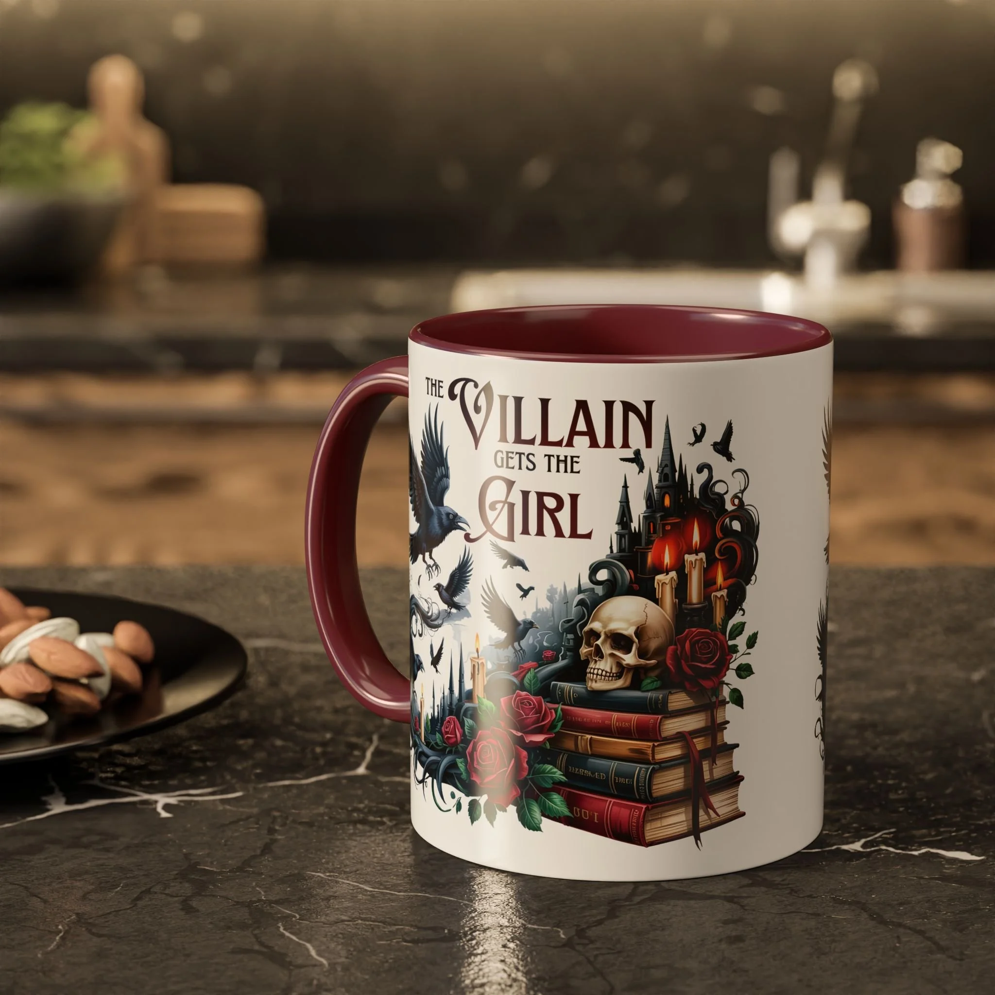 Lifestyle photo of The Villain Gets the Girl ceramic mug with maroon accent handle.