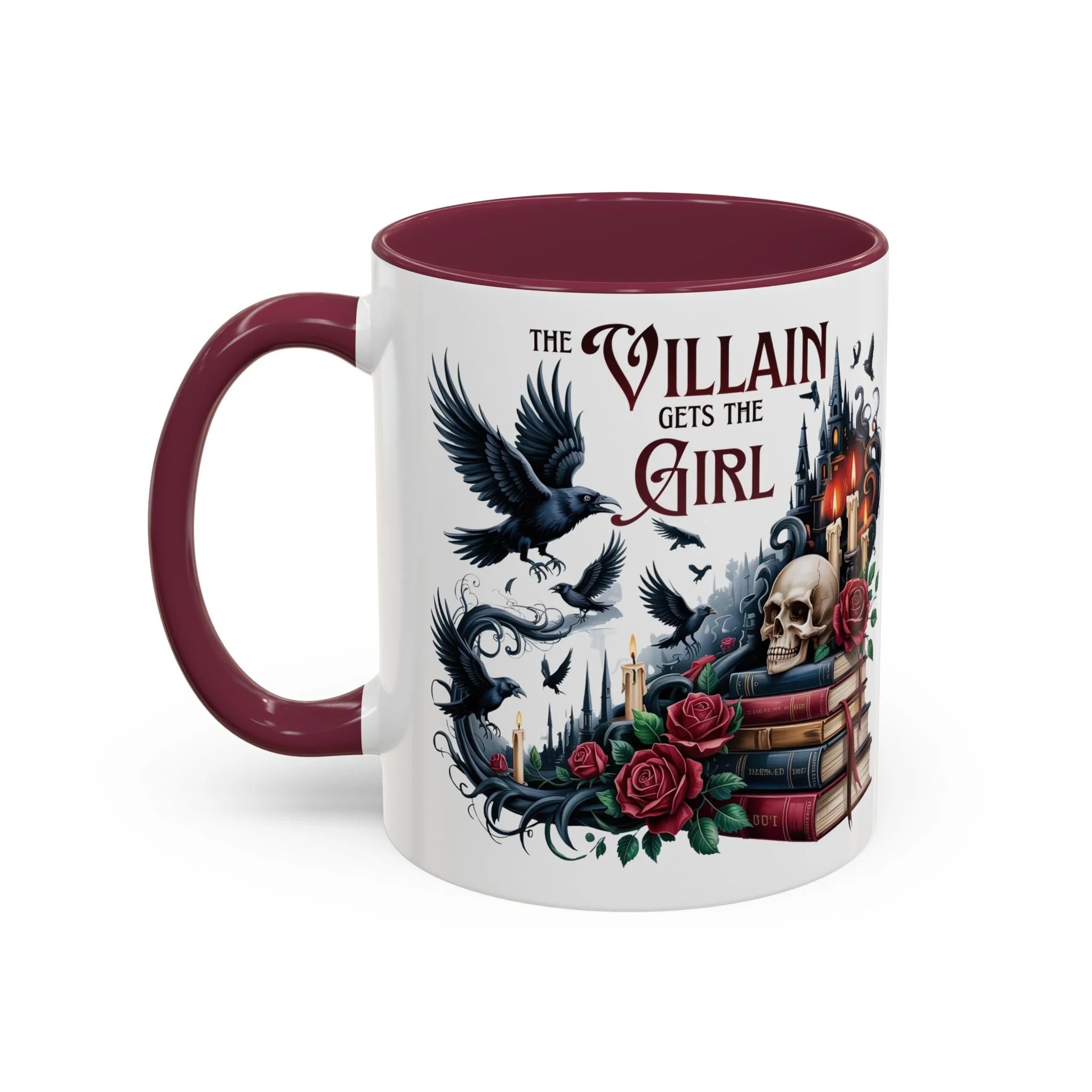 Front view of The Villain Gets the Girl 11 oz ceramic mug featuring gothic fantasy artwork.