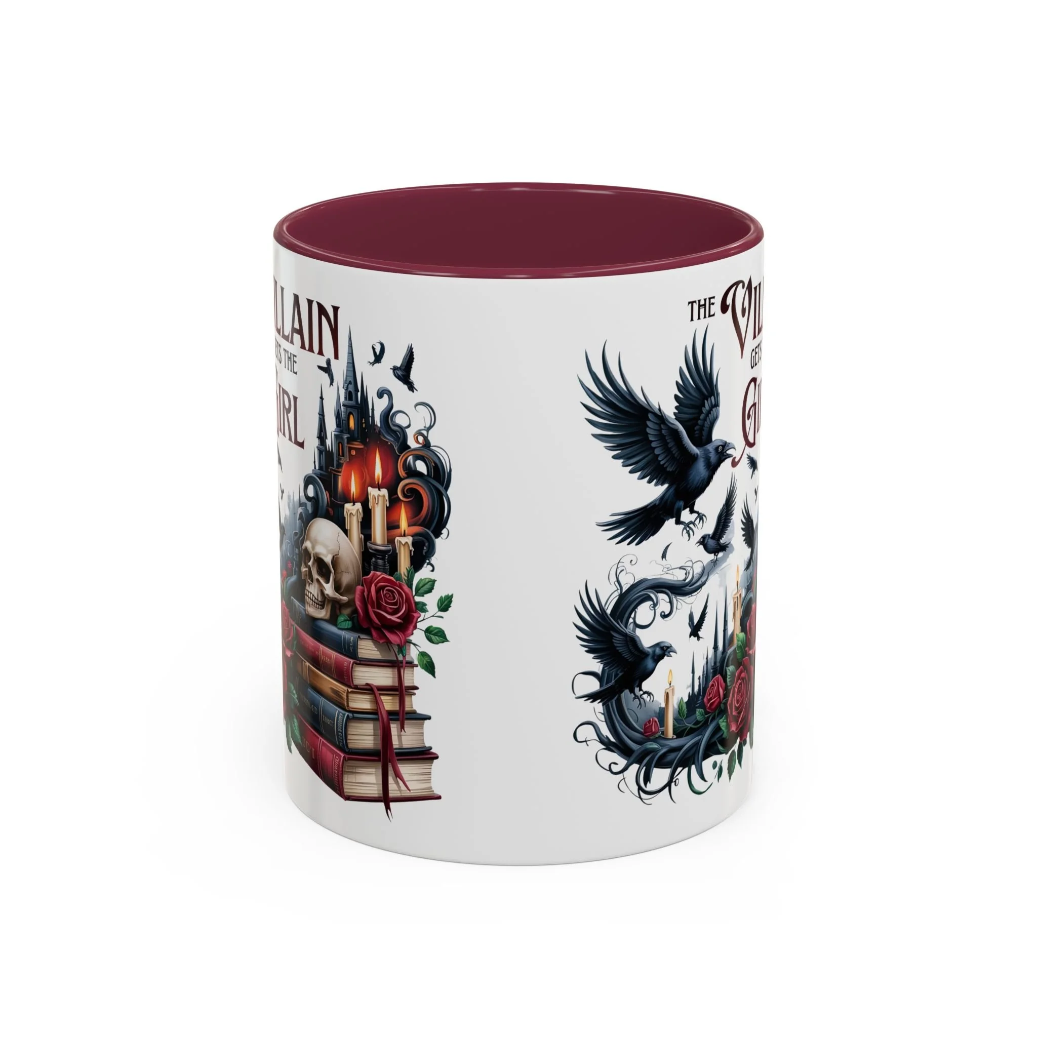 Side view of wraparound artwork with books, ravens, roses, and castle on ceramic mug.