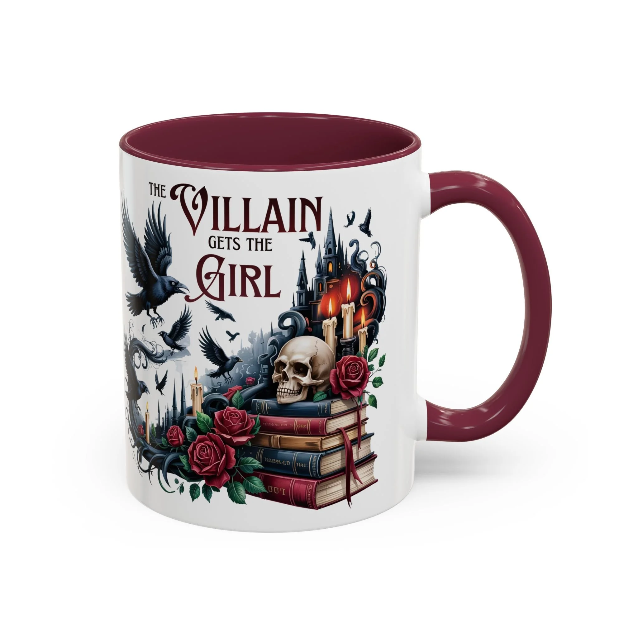 Opposite side view of glossy ceramic mug with maroon C-shaped handle.