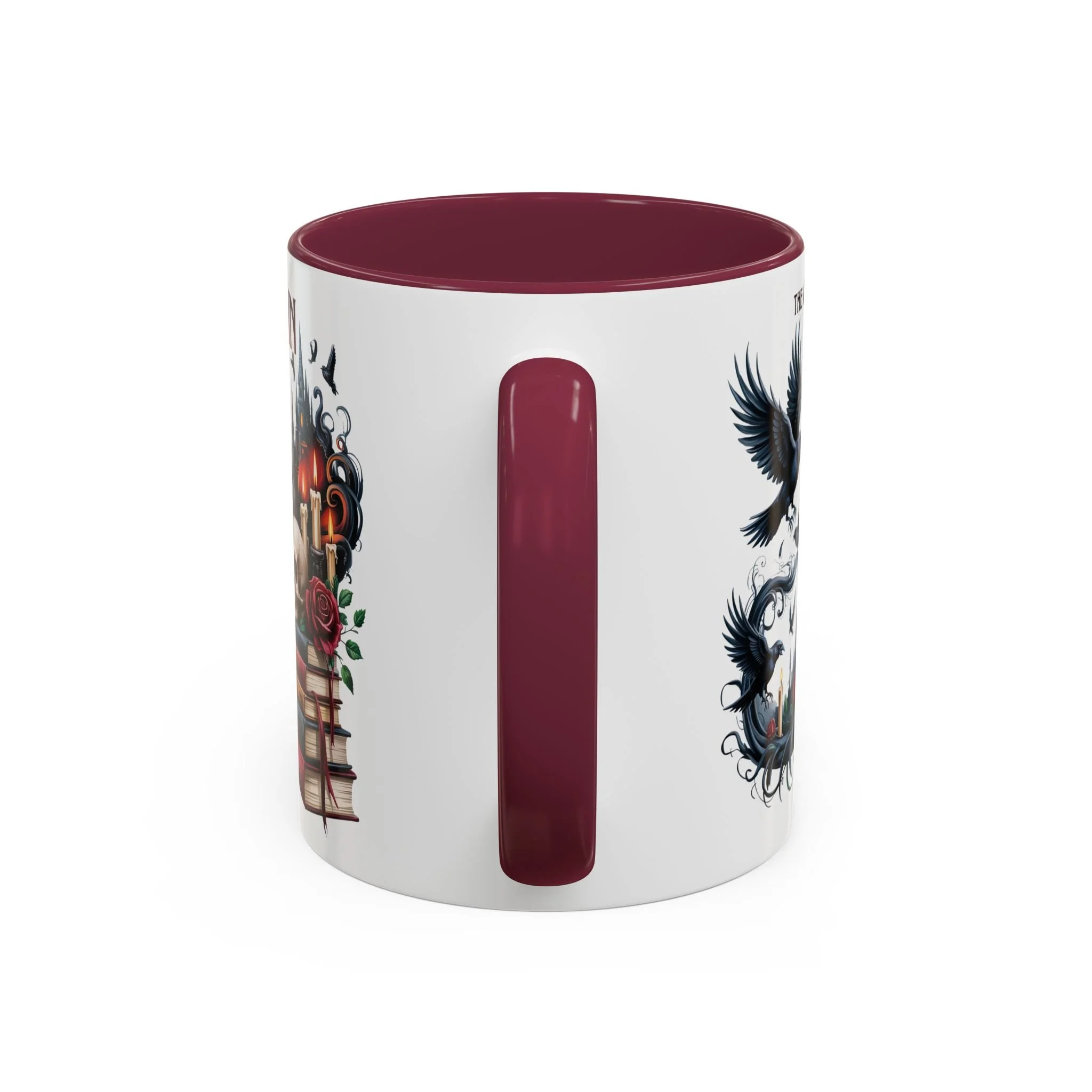 Close-up of maroon C-shaped handle on The Villain Gets the Girl fantasy mug.