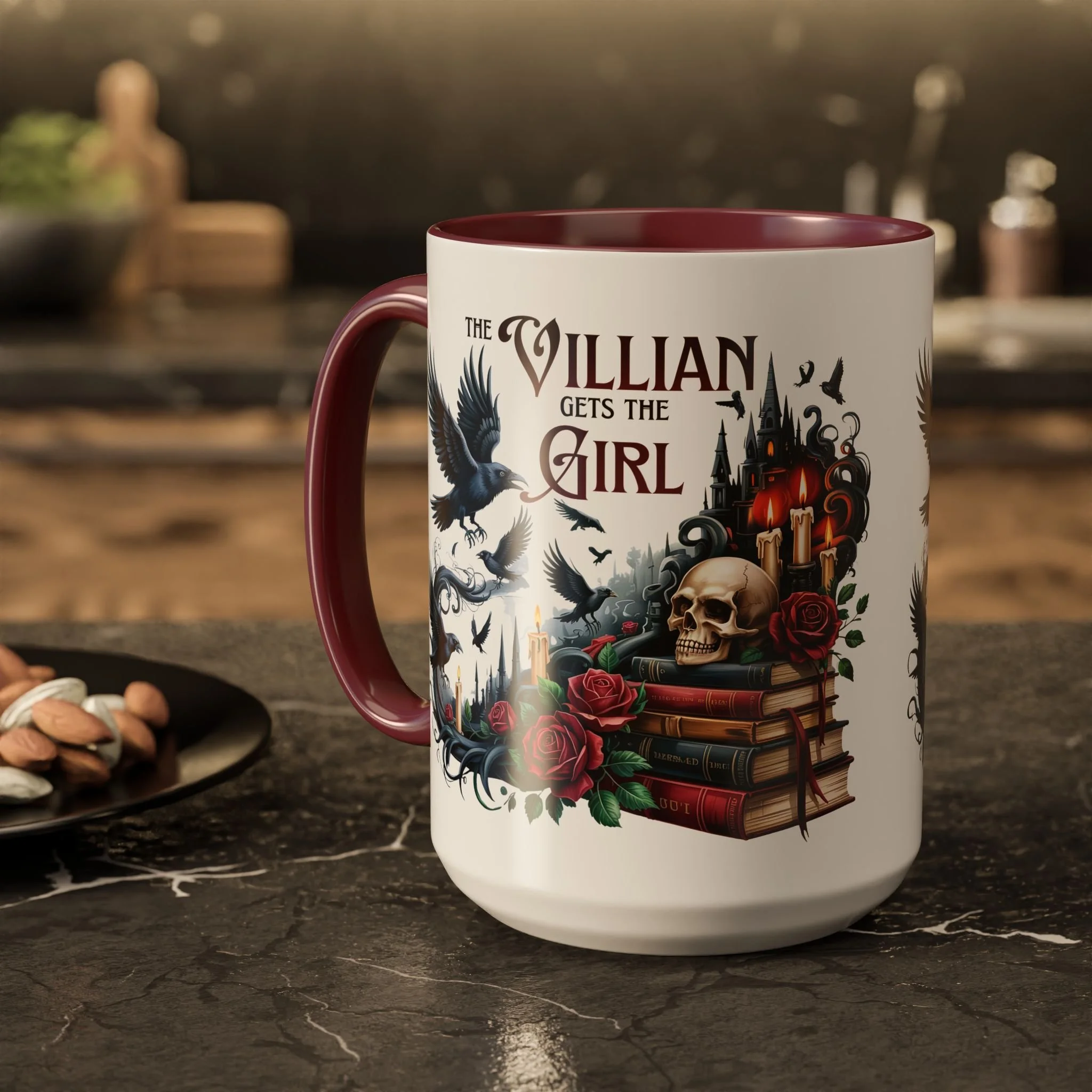Lifestyle photo of The Villain Gets the Girl 15 oz ceramic mug with gothic fantasy artwork.