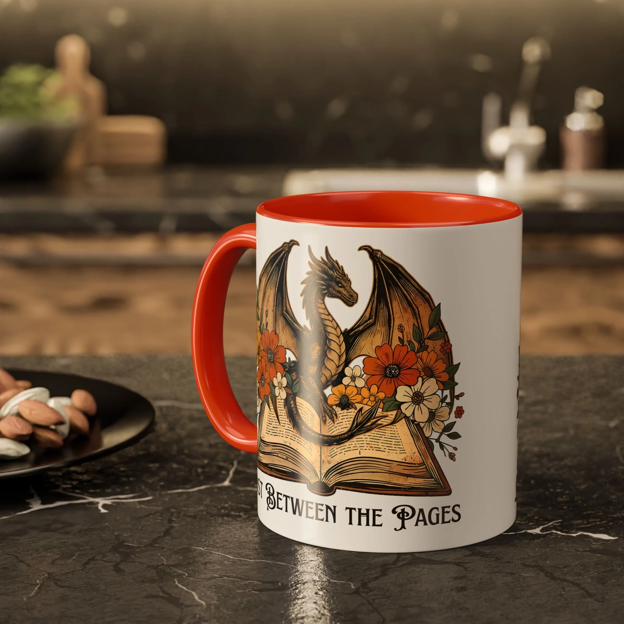 Lifestyle photo of Lost Between the Pages ceramic mug with orange accent handle.