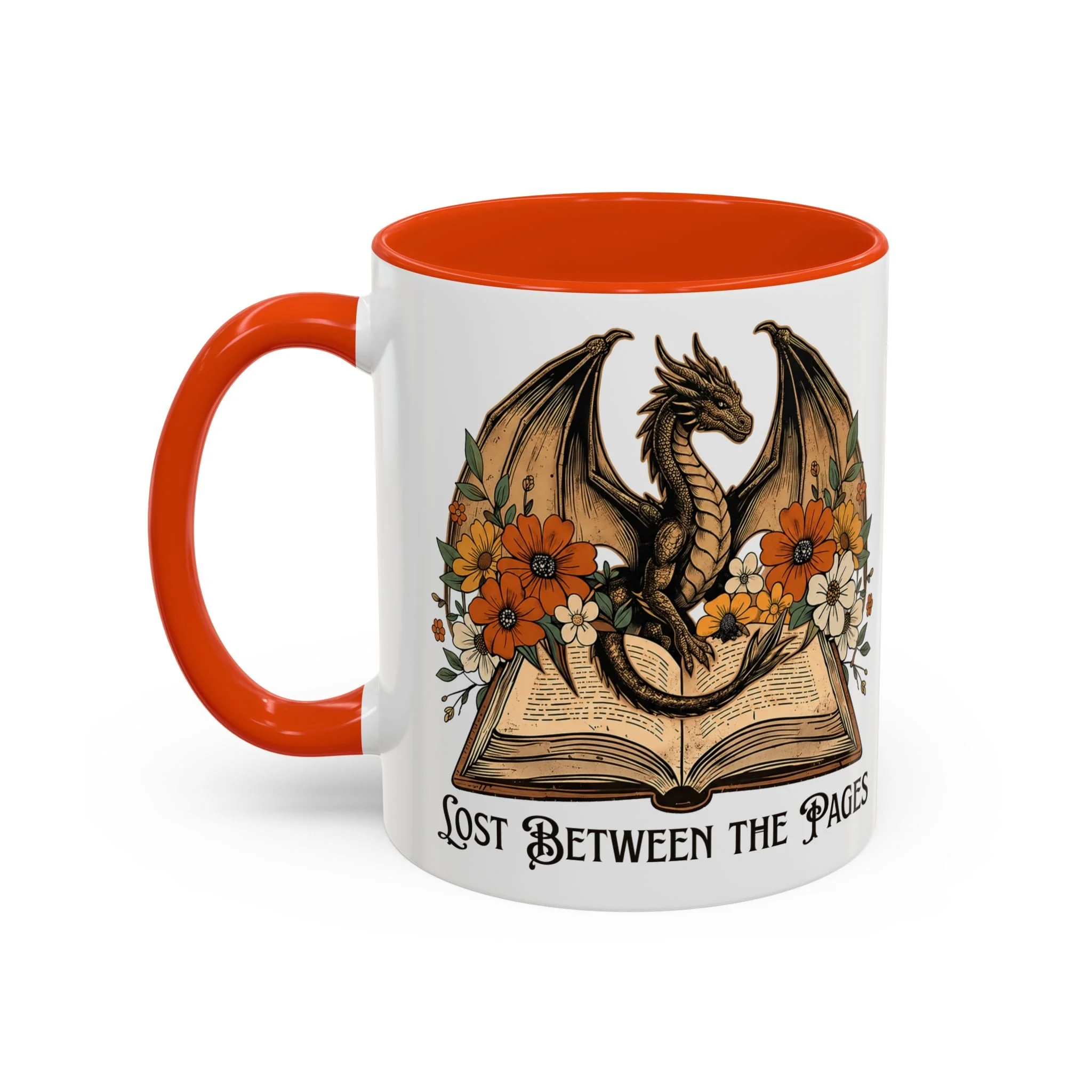 Front view of Lost Between the Pages 11 oz ceramic mug featuring dragon and open book artwork.