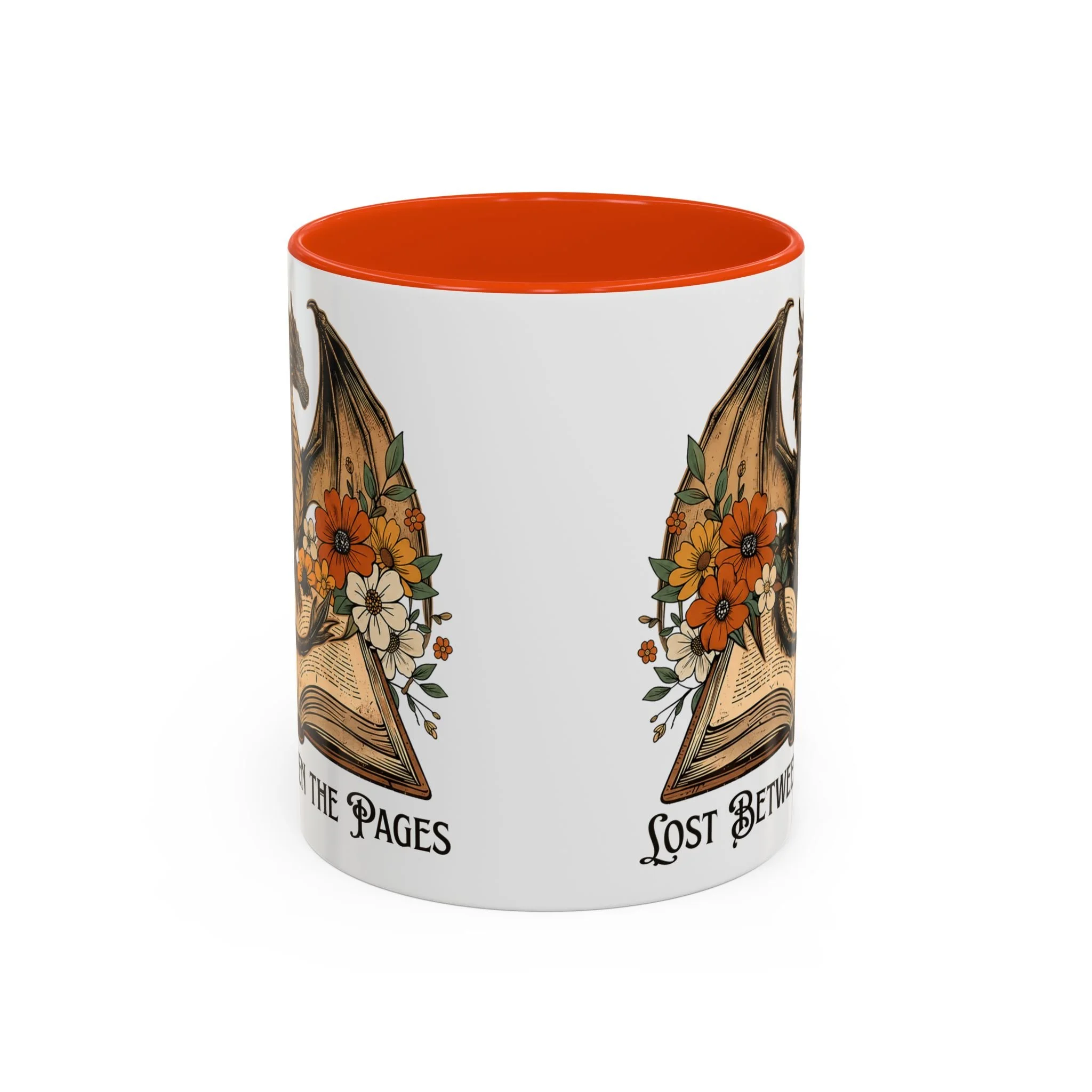 Side view of wraparound fantasy dragon artwork on ceramic mug.