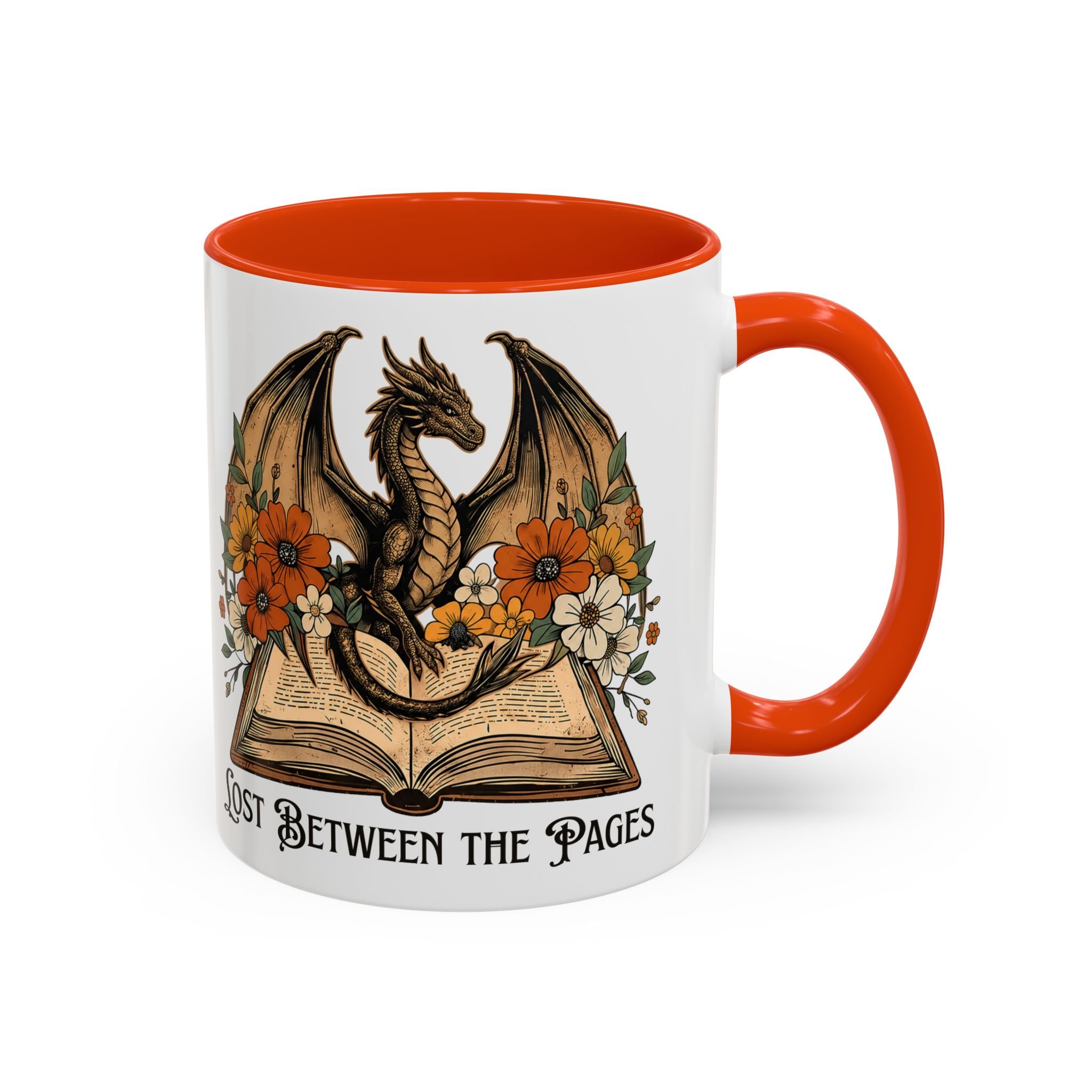 Opposite side view of glossy ceramic mug with orange C-shaped handle.