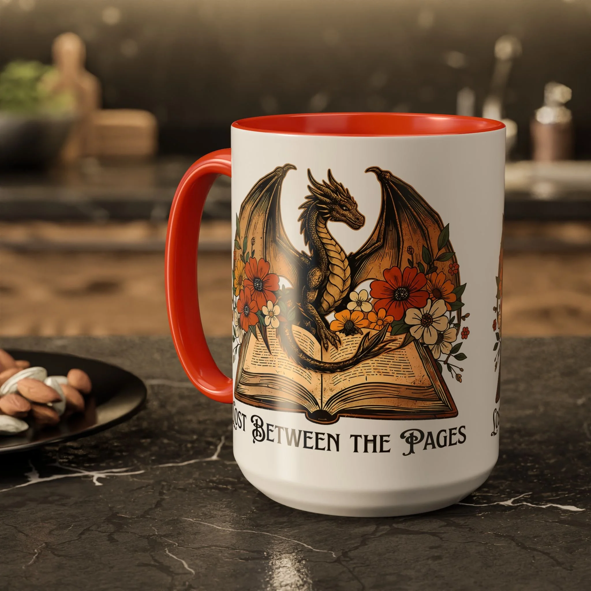 Lifestyle photo of Lost Between the Pages 15 oz ceramic mug with dragon and book artwork.