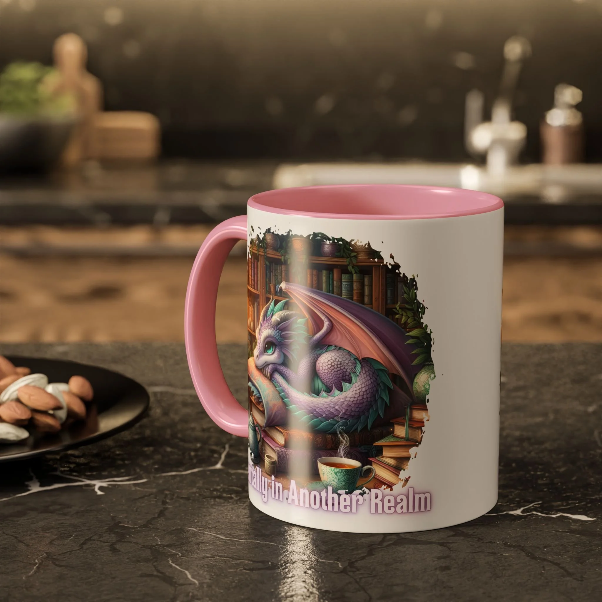 Lifestyle photo of Mentally in Another Realm ceramic mug with pink accent handle.