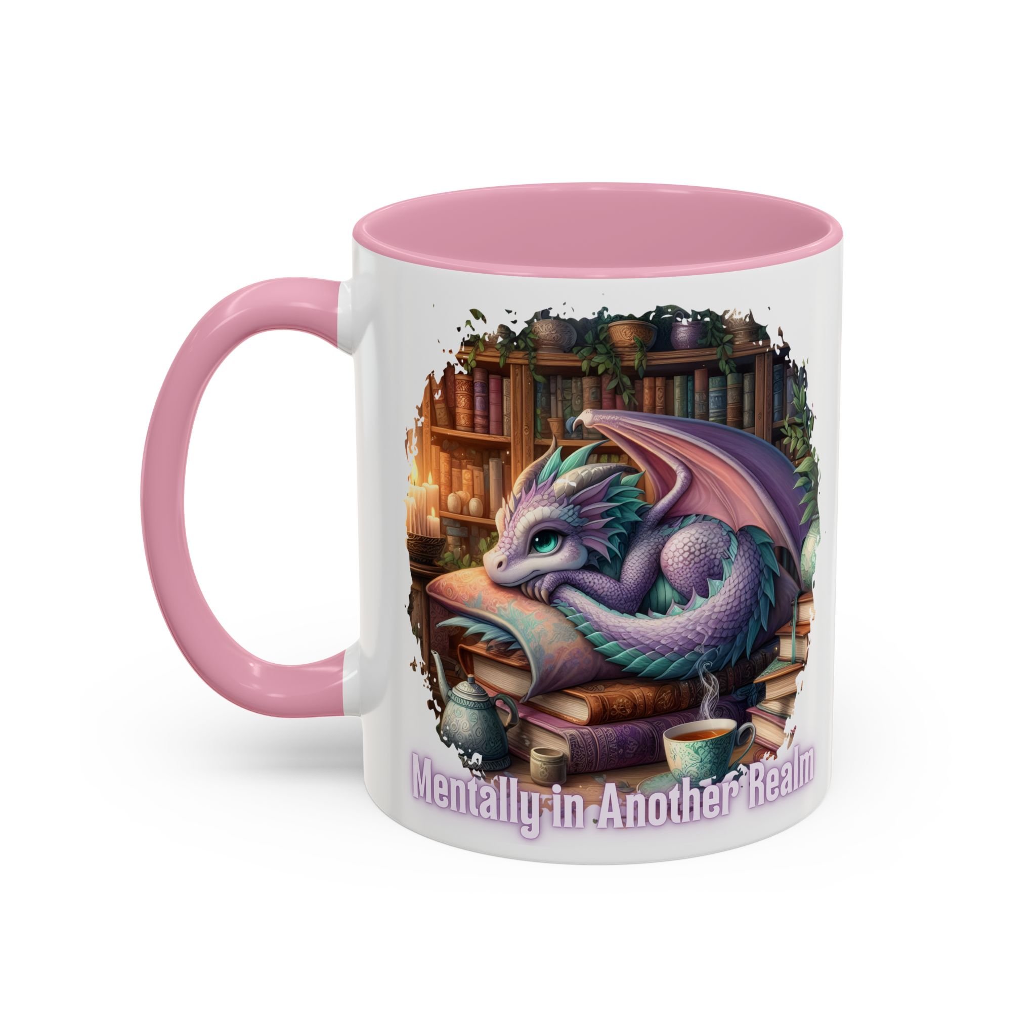 Front view of Mentally in Another Realm 11 oz ceramic mug featuring dragon and library artwork.