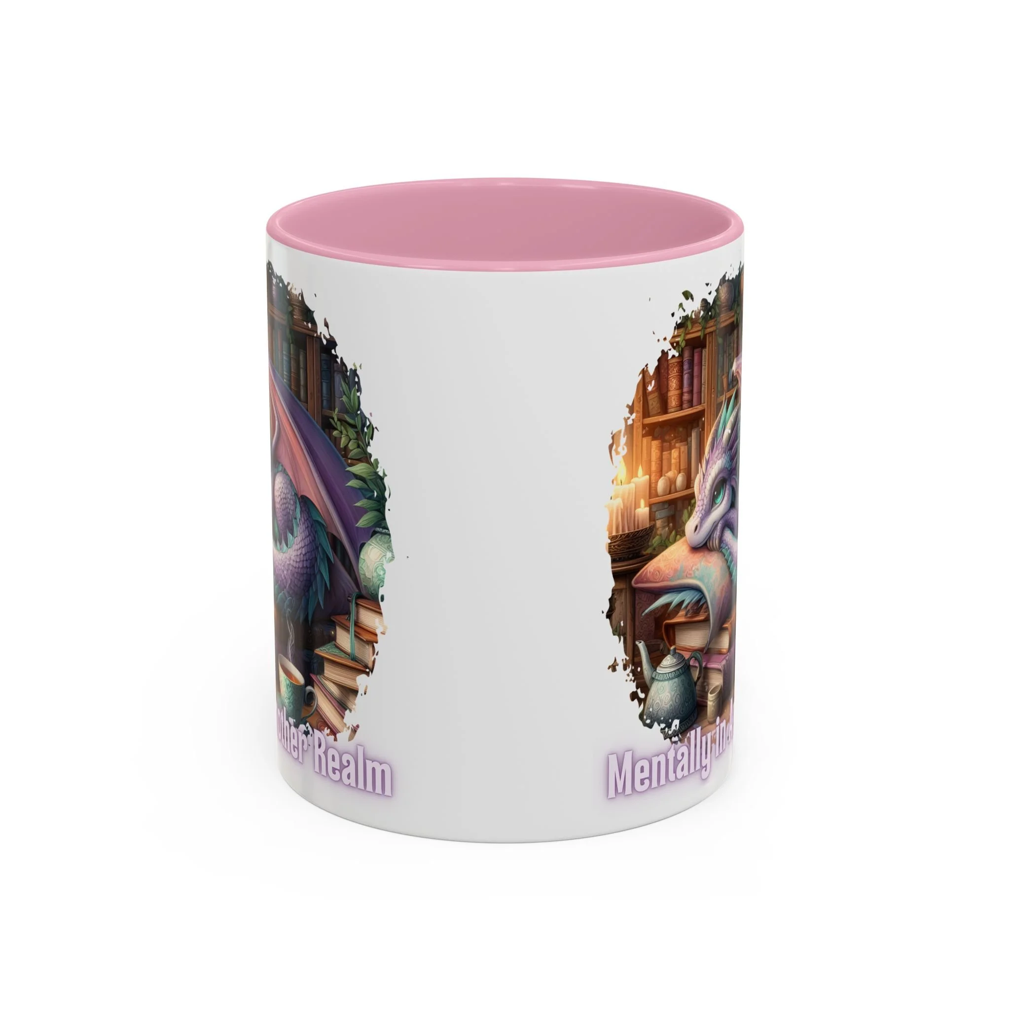 Side view of wraparound fantasy dragon artwork on ceramic mug.