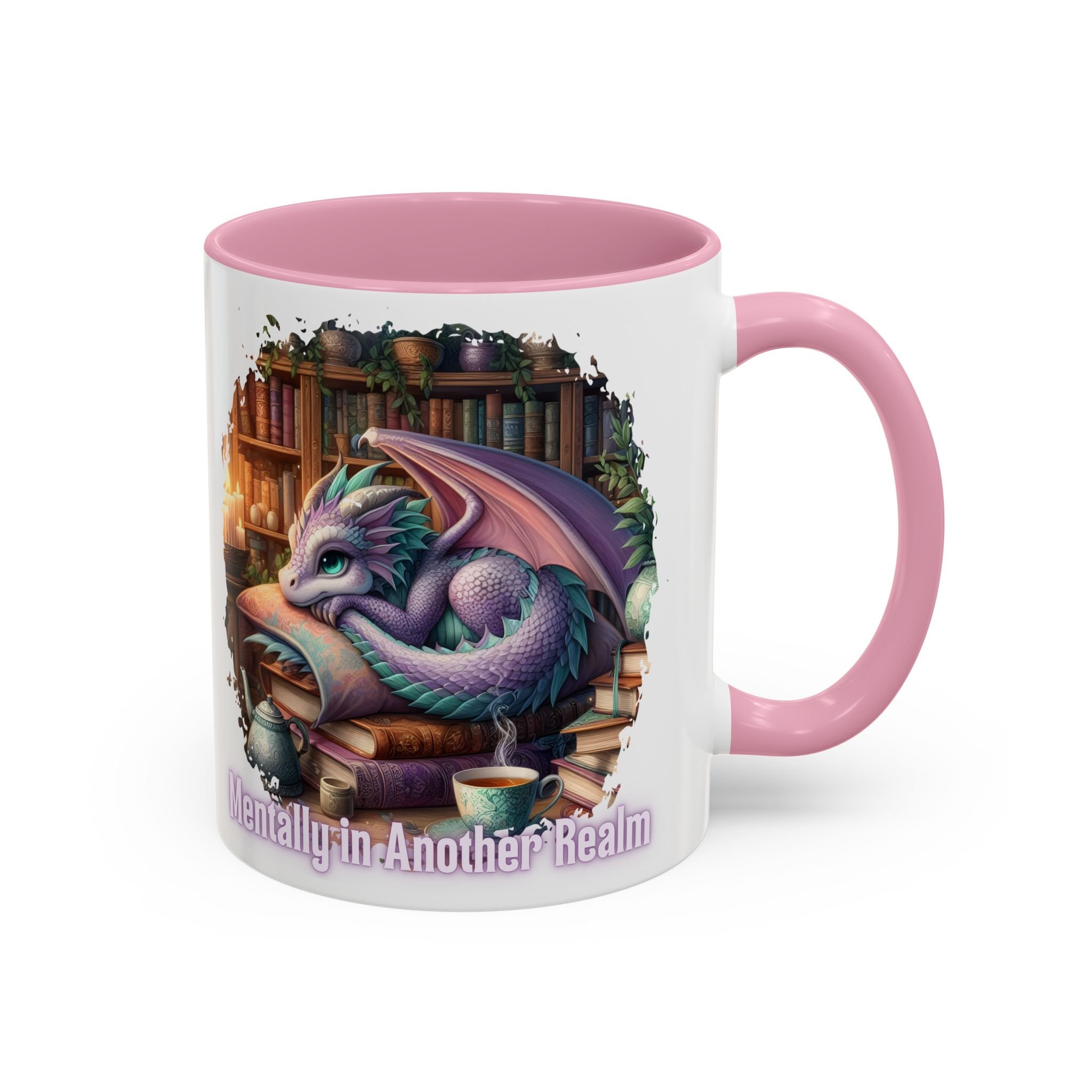 Opposite side view of glossy ceramic mug with pink C-shaped handle.