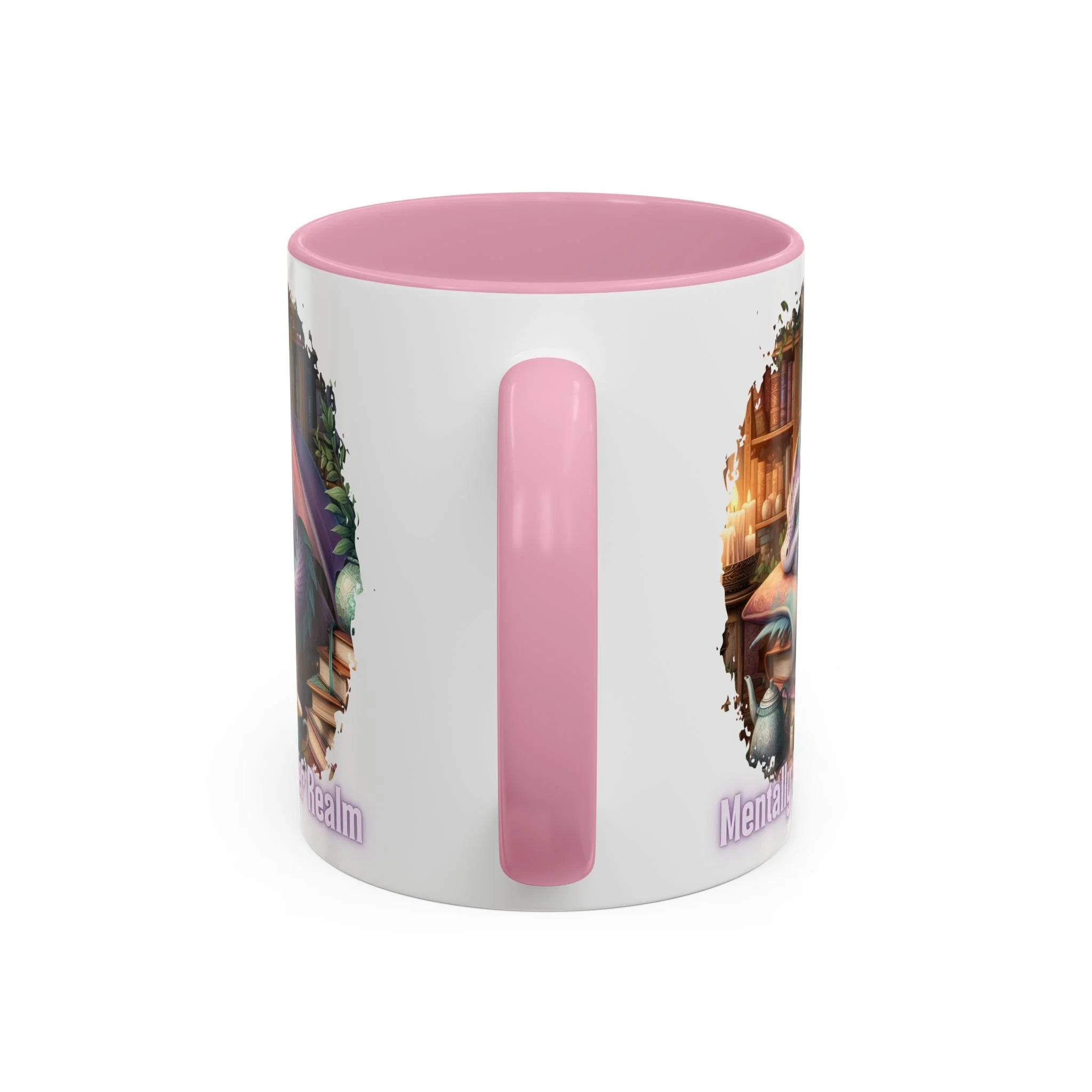 Close-up of pink C-shaped handle on Mentally in Another Realm fantasy mug.
