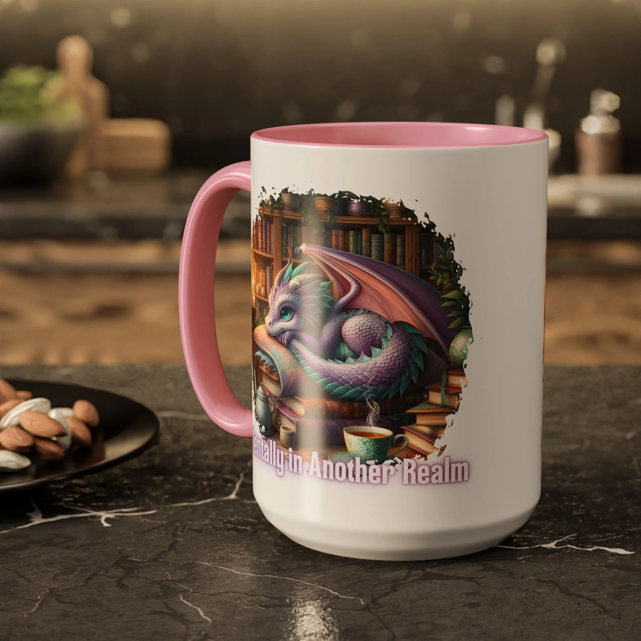 Lifestyle photo of Mentally in Another Realm 15 oz ceramic mug with dragon and library artwork.