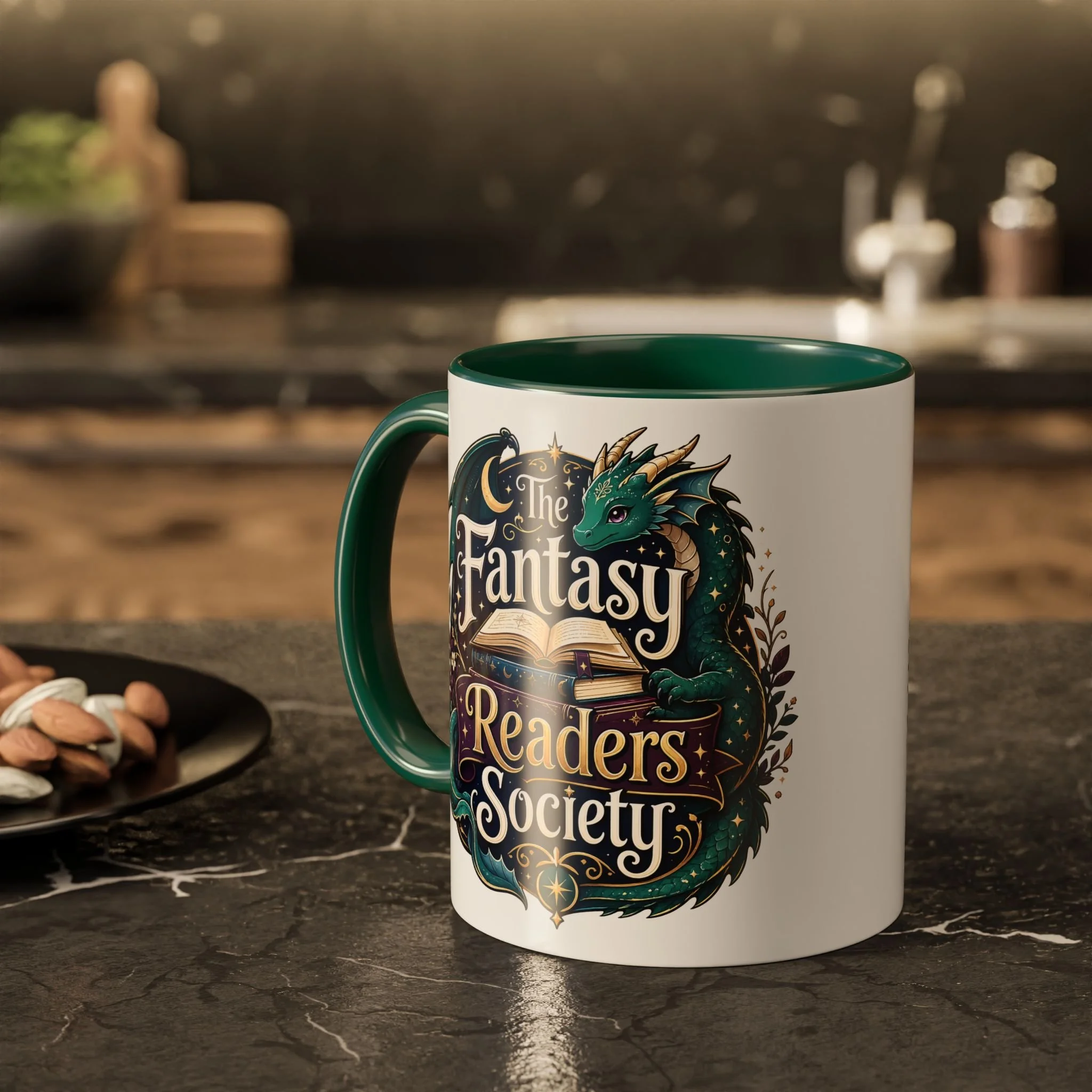 Lifestyle photo of Fantasy Readers Society ceramic mug with green accent handle.